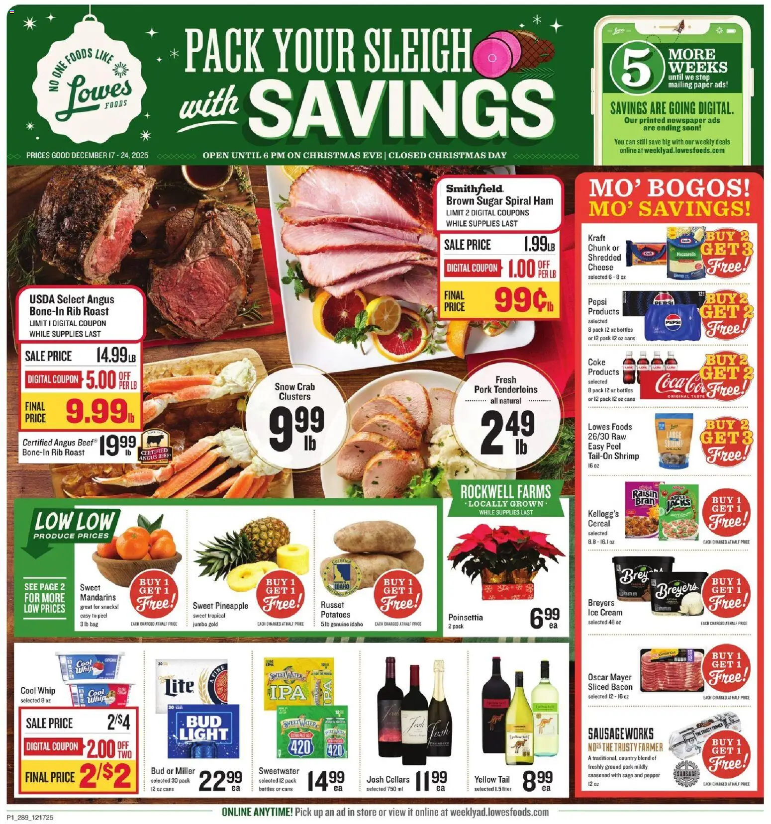 Lowes Foods Weekly Ad - GA - valid from 17.12.2025 | Page: 1 | Products: Pork, Pineapple, Ice cream, Bag