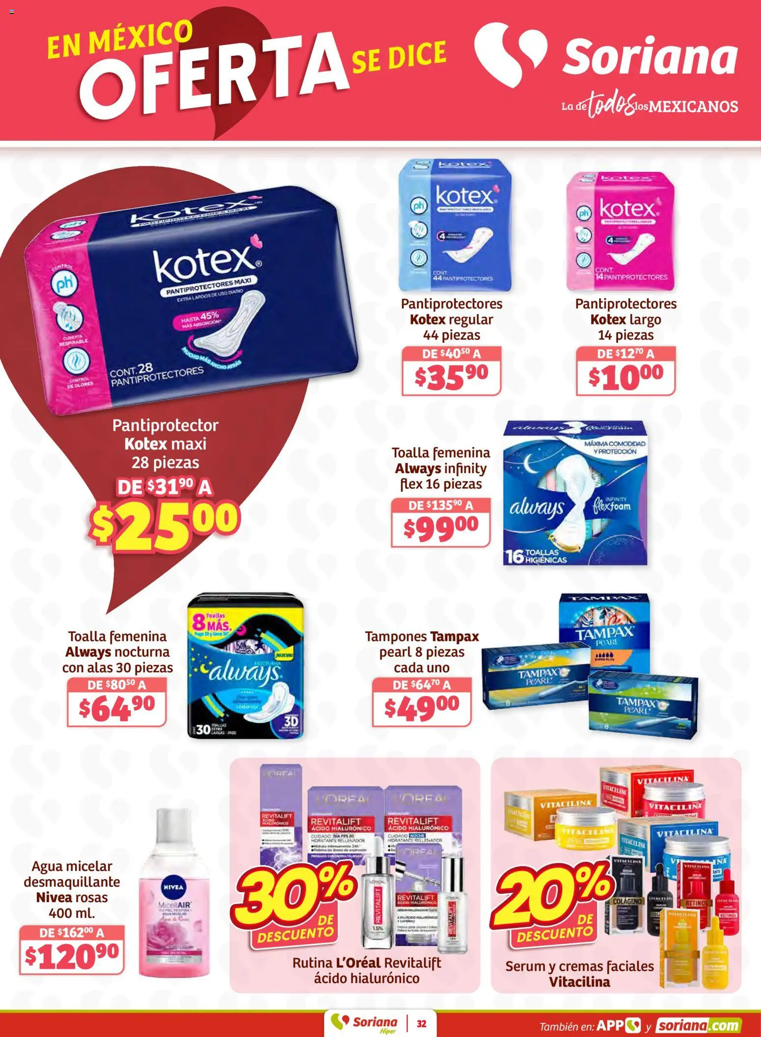 Nuevas ofertas de Soriana válidas en toda la República Mexicana desde el 12.02.2026. ¡Encuentra las mejores ofertas en Soriana - Preciazazaso Híper: Ags, Col, Gto, Jal, Mich! | Página: 32 | Productos: Serum, Desmaquillante, Tampones, Agua micelar