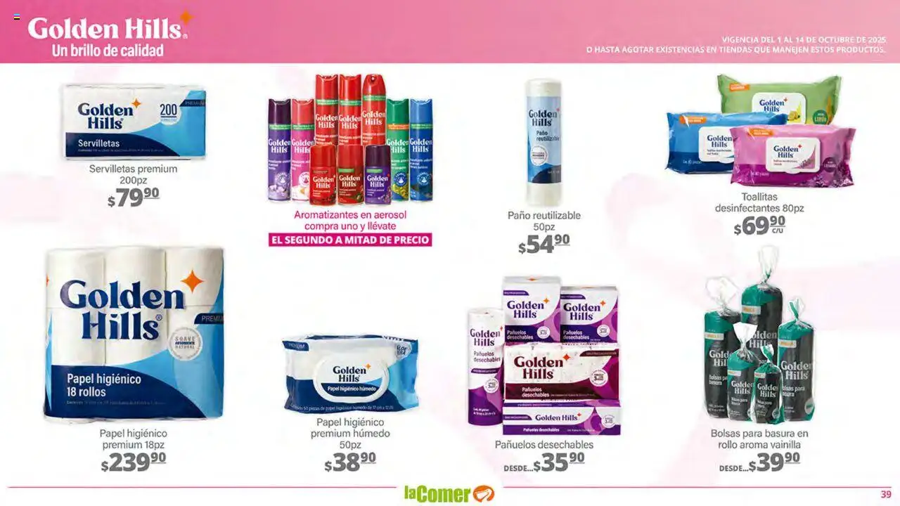Nuevas ofertas de La Comer válidas en toda la República Mexicana desde el 01.10.2025. ¡Encuentra las mejores ofertas en La Comer - Folleto! | Página: 39 | Productos: Brillo, Papel higiénico, Servilletas