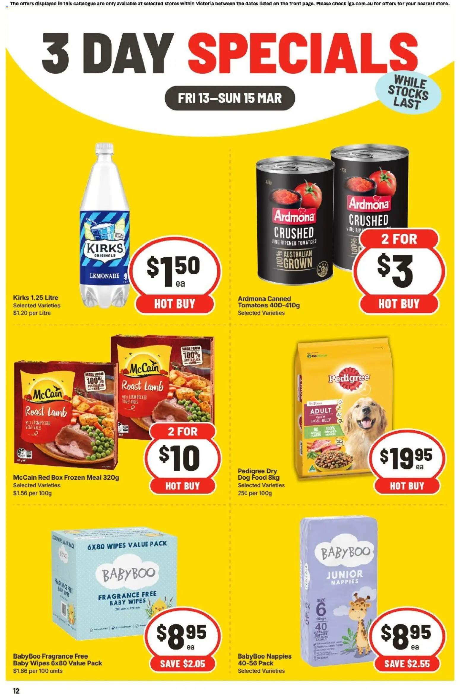 IGA catalogue - valid from 13.03.2026 | Page: 3 | Products: Lamb, Beef, Nappies, Dog food