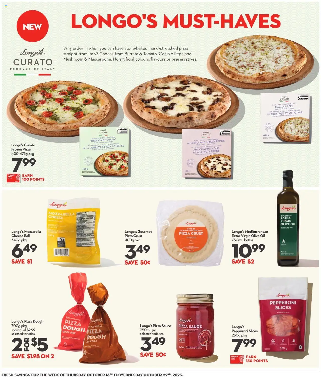 Longo's flyer valid from 16.10.2025 | Page: 10 | Products: Cheese, Oil, Pizza