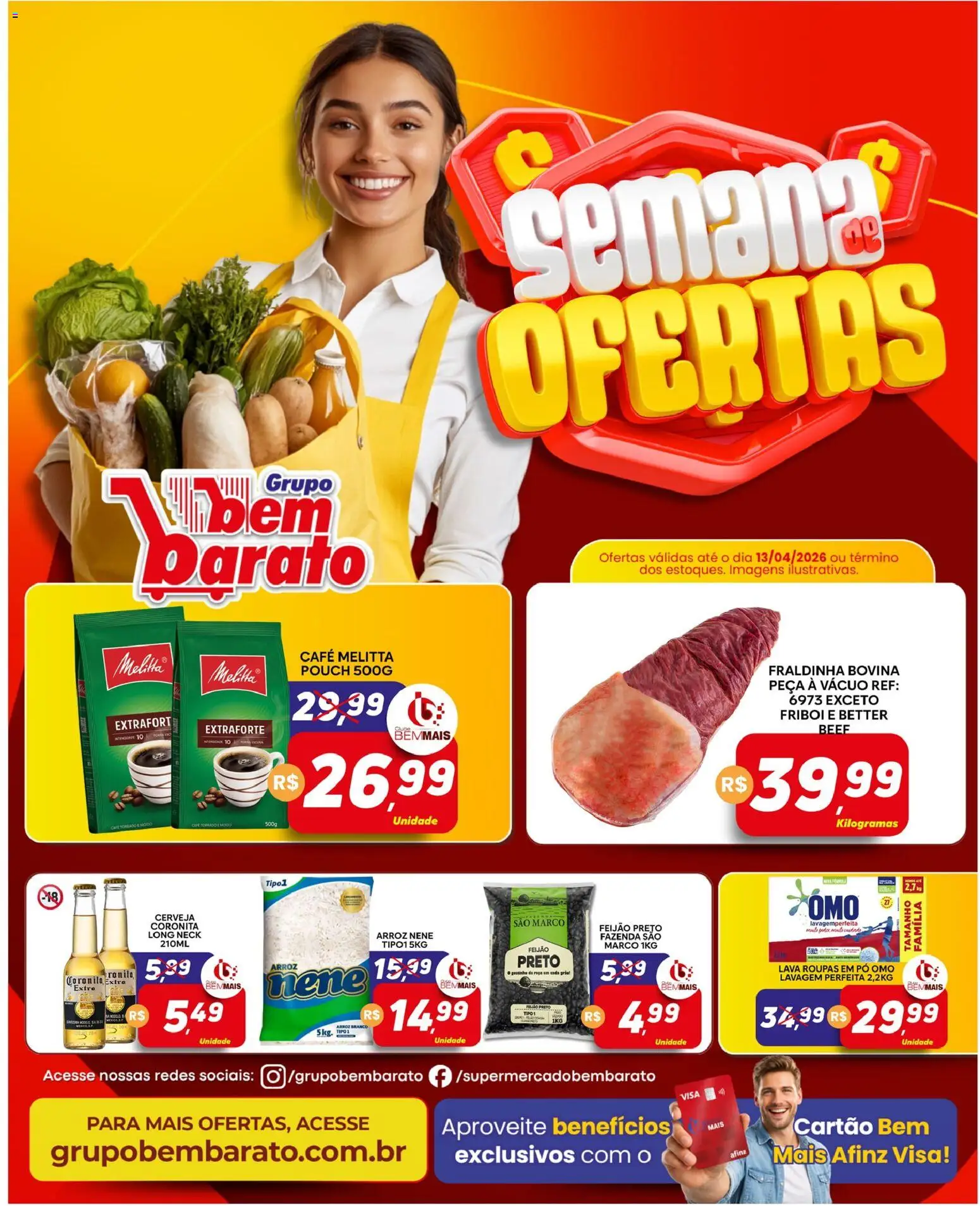 Supermercado Bem Barato Folheto - válido de 07.04.2026 | Página: 1 | Produtos: Feijão, Fraldinha, Arroz, Roupas