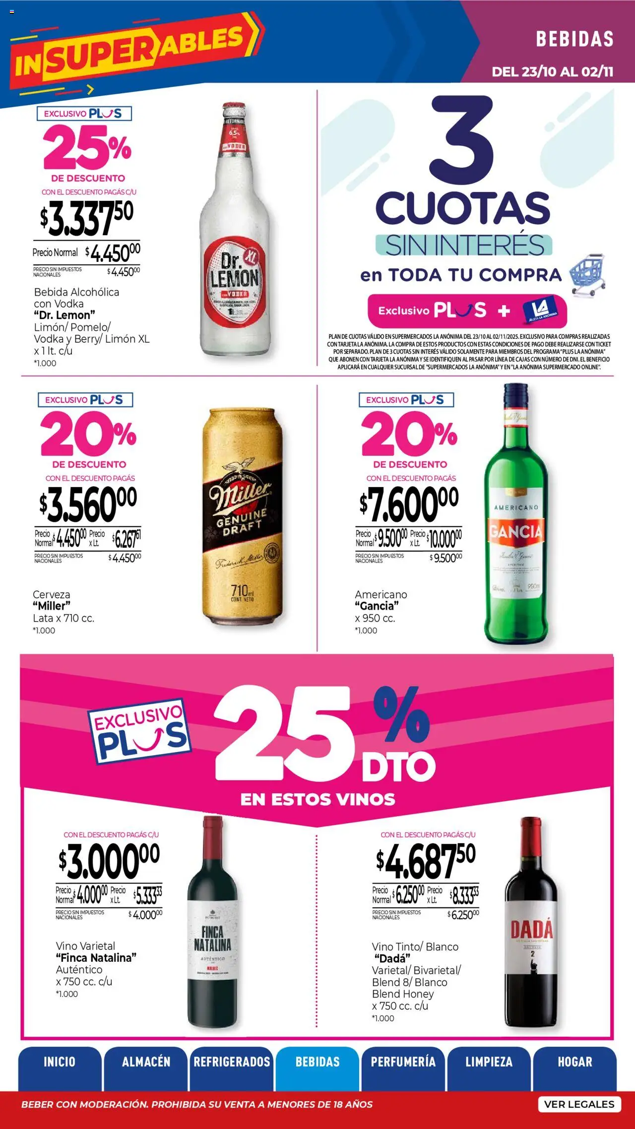 La Anonima catálogo │ válido desde el 23.10.2025 | Página: 26 | Productos: Vodka, Limón, Vino, Cerveza