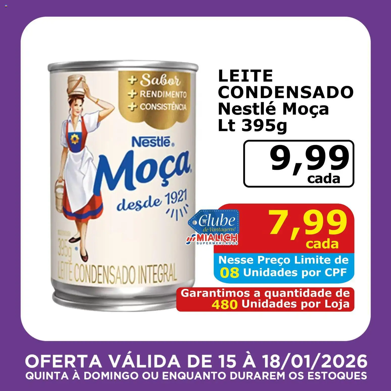 Mialich Supermercados Folheto - válido de 15.01.2026 | Página: 9 | Produtos: Mialich, Leite, Leite condensado