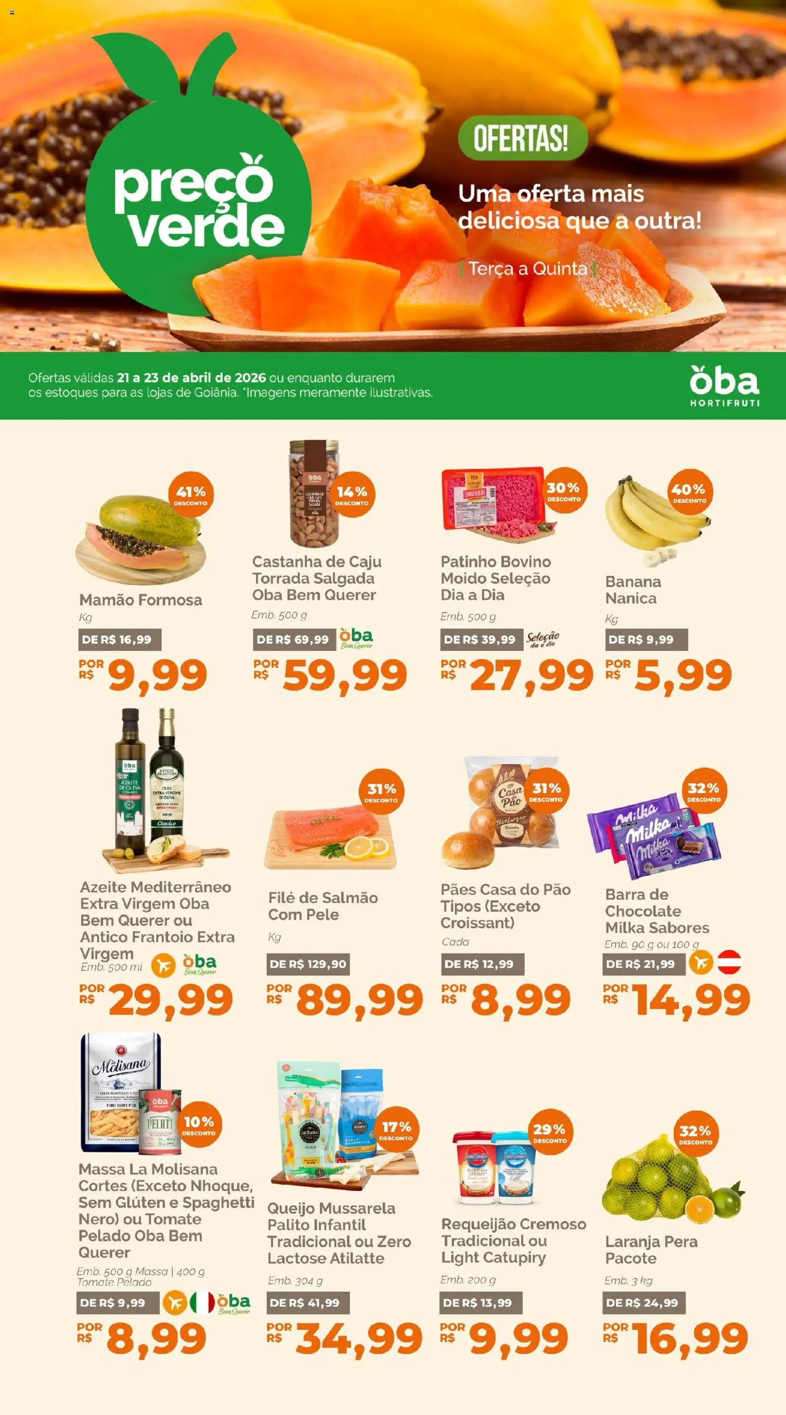Oba Hortifruti Folheto - válido de 21.04.2026 | Página: 1 | Produtos: Pera, Salmão, Pão, Mussarela