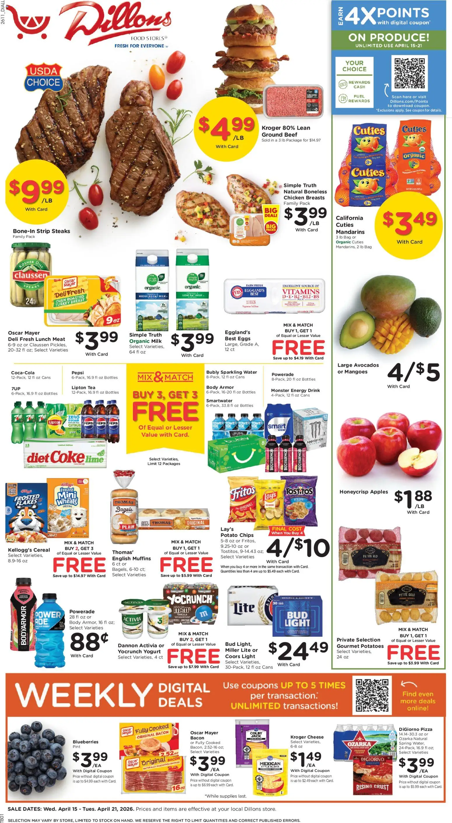 Dillons Weekly Ad - valid from 15.04.2026 | Page: 1 | Products: Pizza, Tea, Water, Blueberries