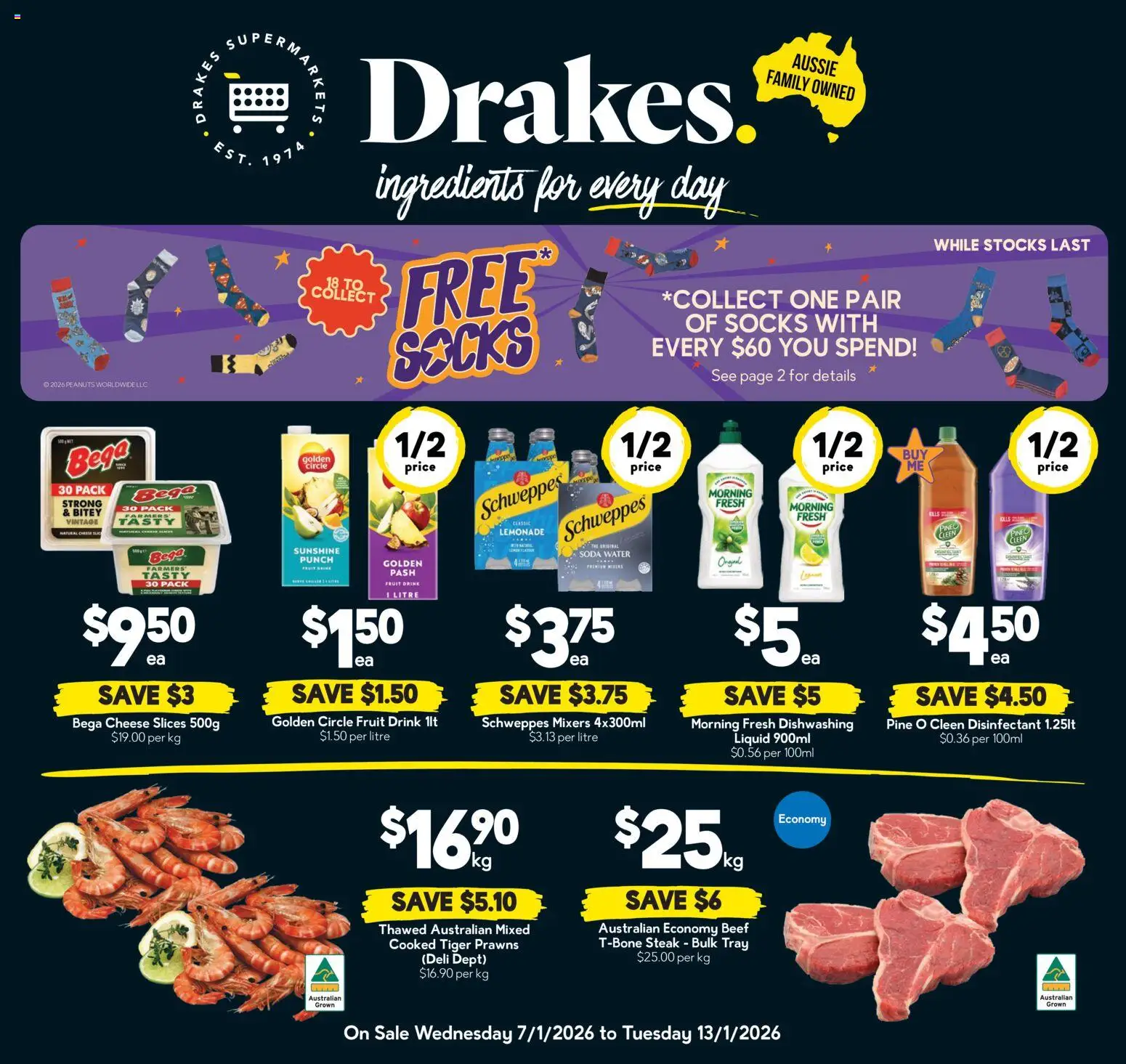 Drakes catalogue - valid from 07.01.2026 | Page: 1 | Products: Beef, Prawns, Water, Socks