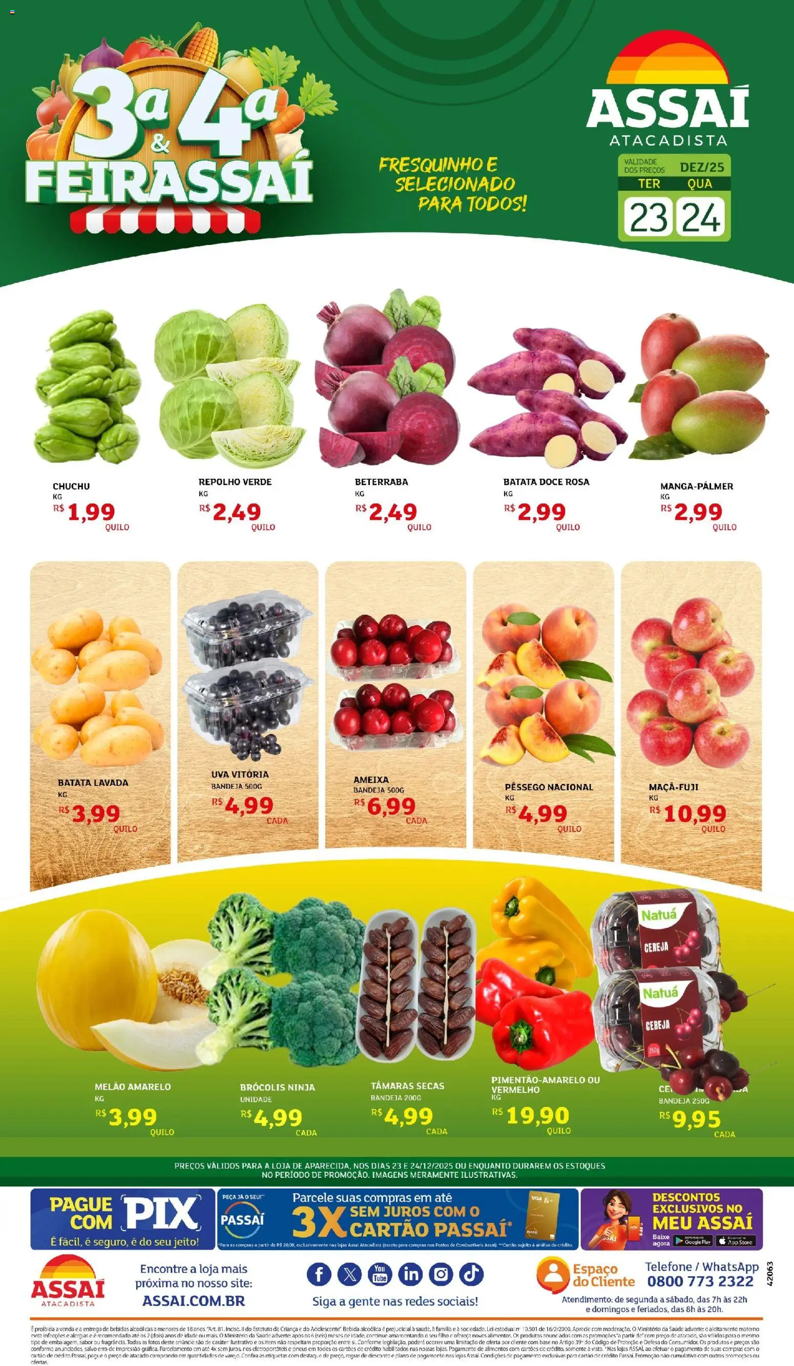 Assaí Atacadista Folheto - válido de 23.12.2025 | Página: 1 | Produtos: Chuchu, Beterraba, Brócolis, Telefone