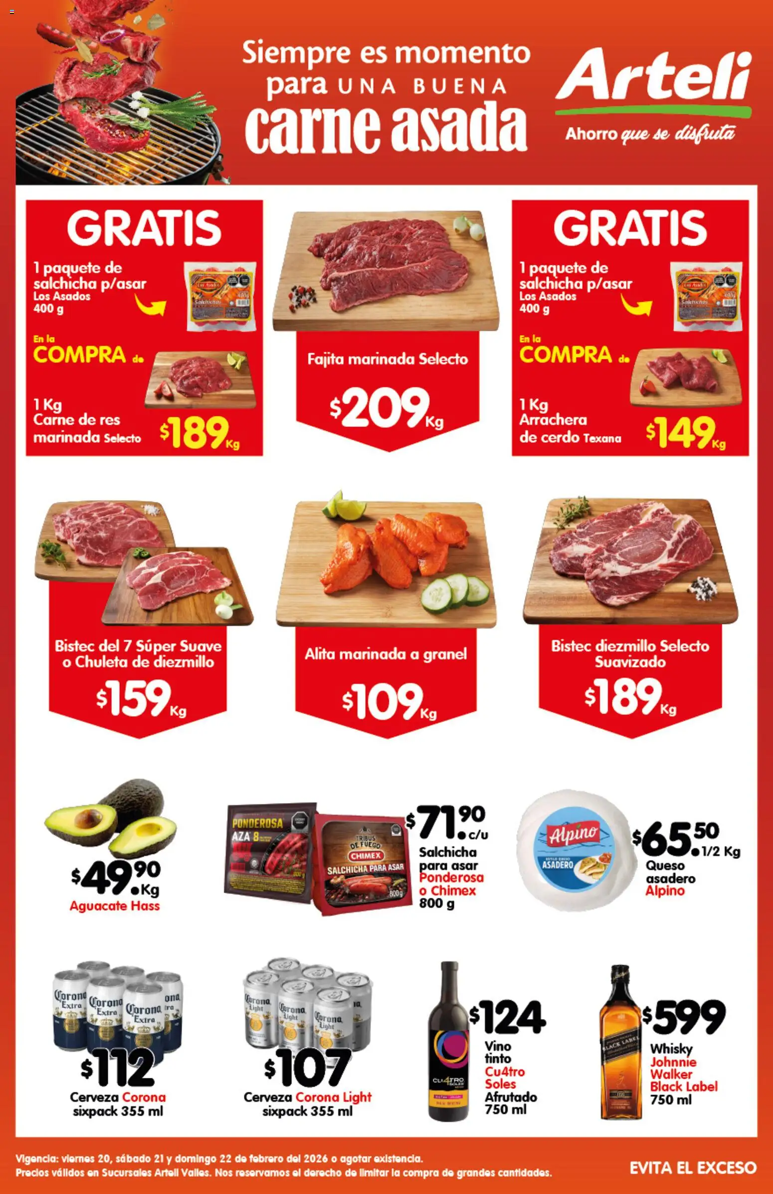 Nuevas ofertas de Arteli válidas en toda la República Mexicana desde el 20.02.2026. ¡Encuentra las mejores ofertas en Arteli folleto Carnes Suc. Valles! | Página: 1 | Productos: Queso, Cerveza, Res, Whisky
