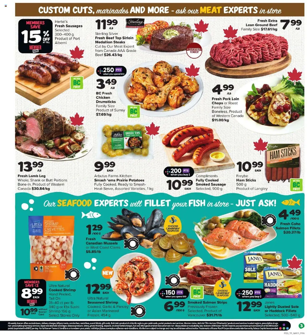 Thrifty Foods flyer valid from 21.08.2025 | Page: 5 | Products: Fish, Beef, Potatoes, Ham