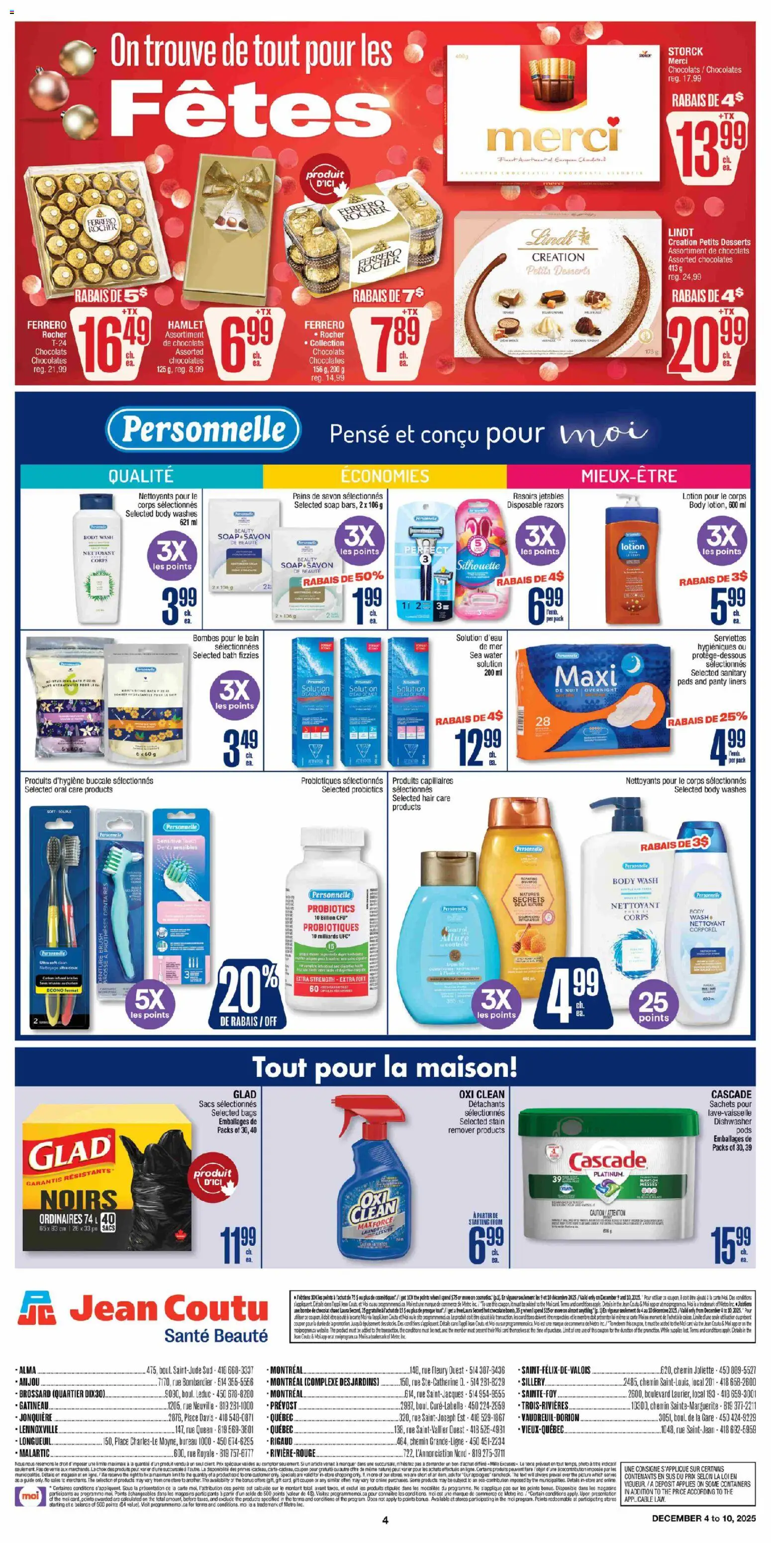 Jean Coutu flyer valid from 04.12.2025 | Page: 4 | Products: Dishwasher, Body wash, Bath, Chocolate