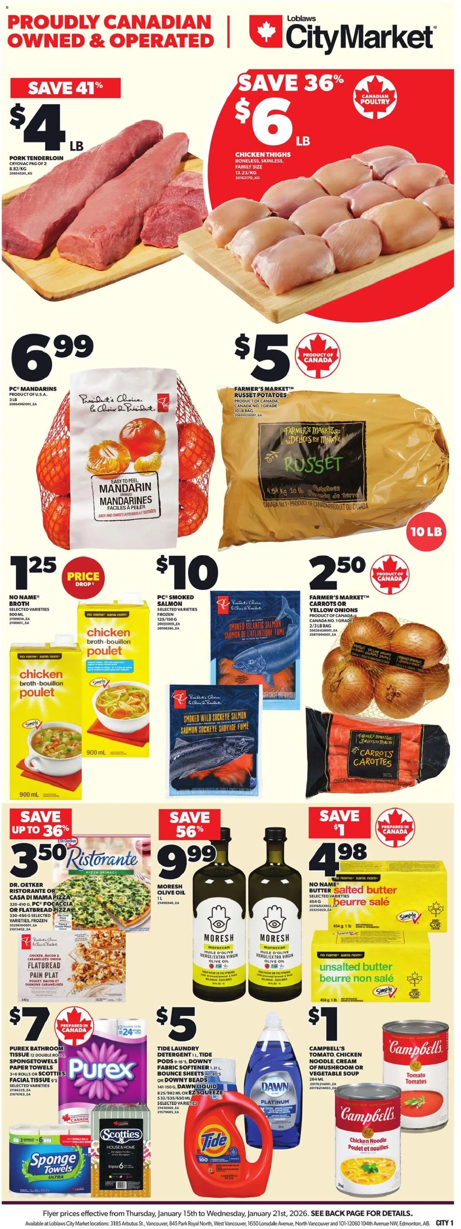 Loblaws flyer valid from 15.01.2026 | Page: 3 | Products: Bag, Fabric softener, Butter, Pizza