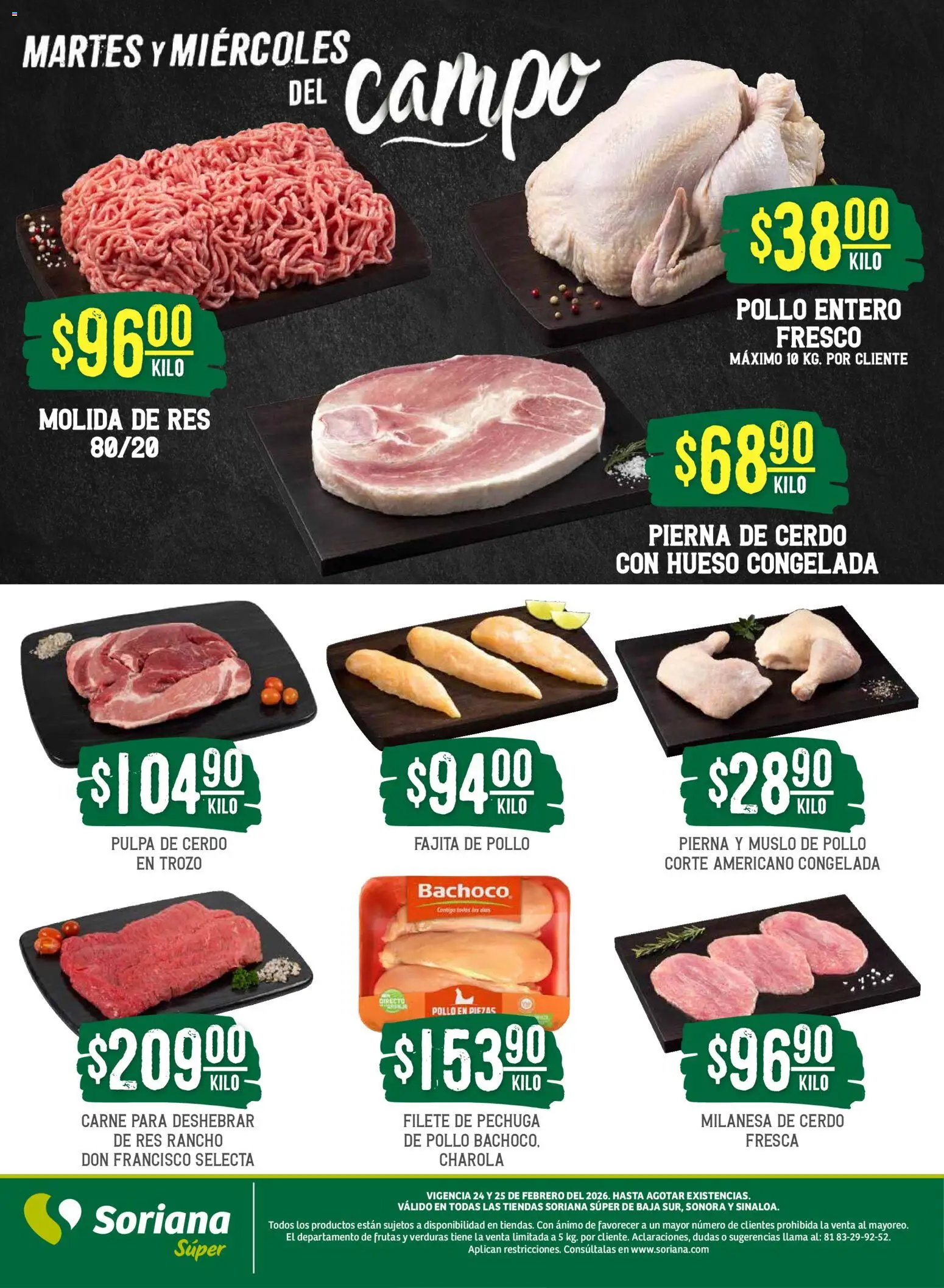 Nuevas ofertas de Soriana válidas en toda la República Mexicana desde el 24.02.2026. ¡Encuentra las mejores ofertas en Soriana - Martes y Miércoles del Campo Súper: BCS, Son y Sin! | Página: 5 | Productos: Pollo, Milanesa, Cerdo, Res
