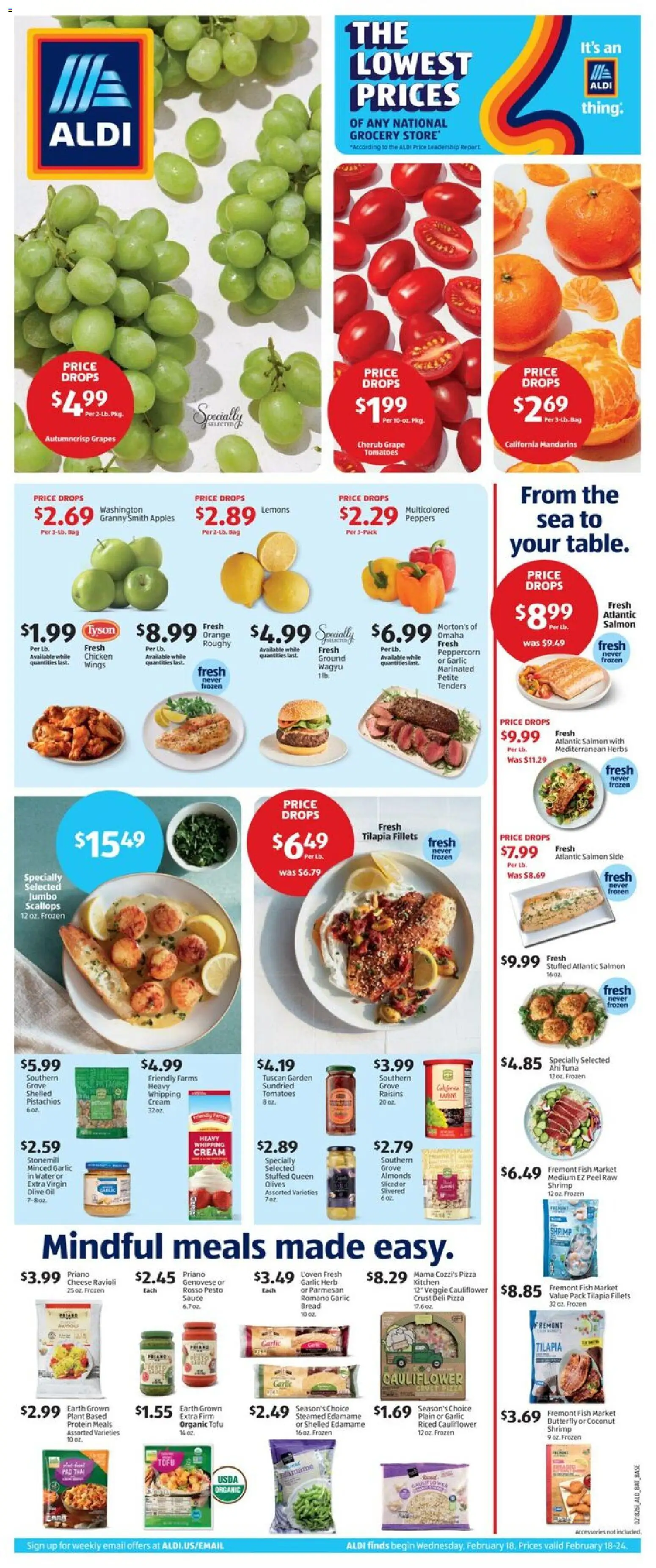 Aldi Weekly Ad - valid from 18.02.2026 | Page: 1 | Products: Cheese, Fish, Cauliflower, Bag