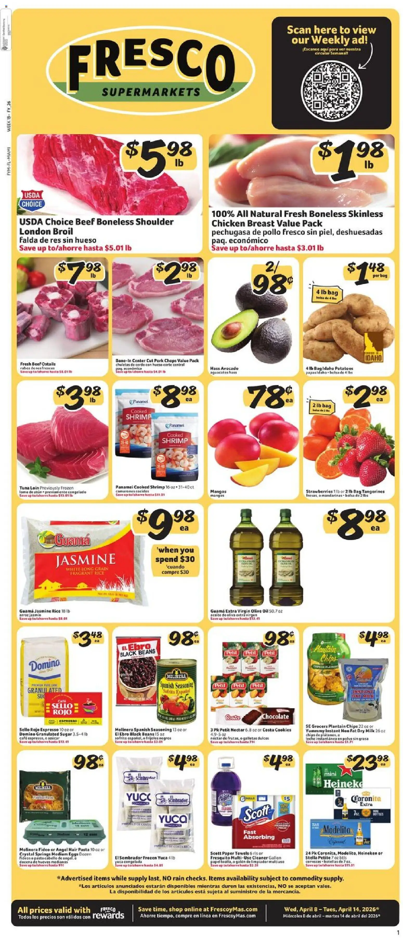 Fresco y Más Weekly Ad - valid from 08.04.2026 | Page: 1 | Products: Beef, Pasta, Potatoes, Bag