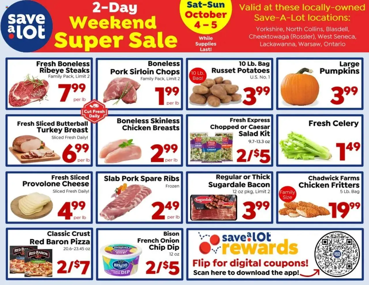 Save a Lot Ad - valid from 04.10.2025 | Page: 1 | Products: Cheese, Pizza, Pork, Bag