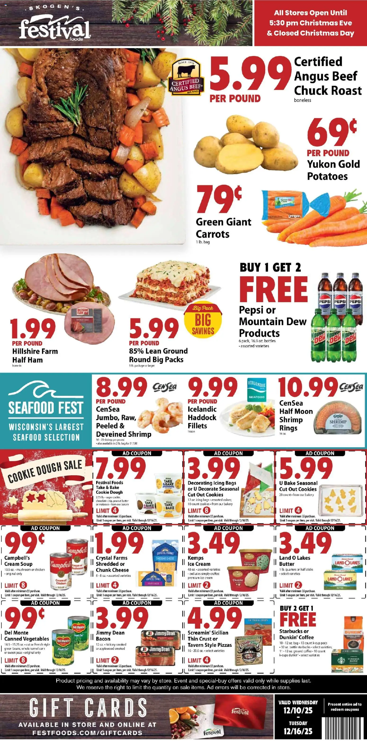 Festival Foods Weekly Ad - valid from 10.12.2025 | Page: 1 | Products: Cream, Ice cream, Sugar, Seafood