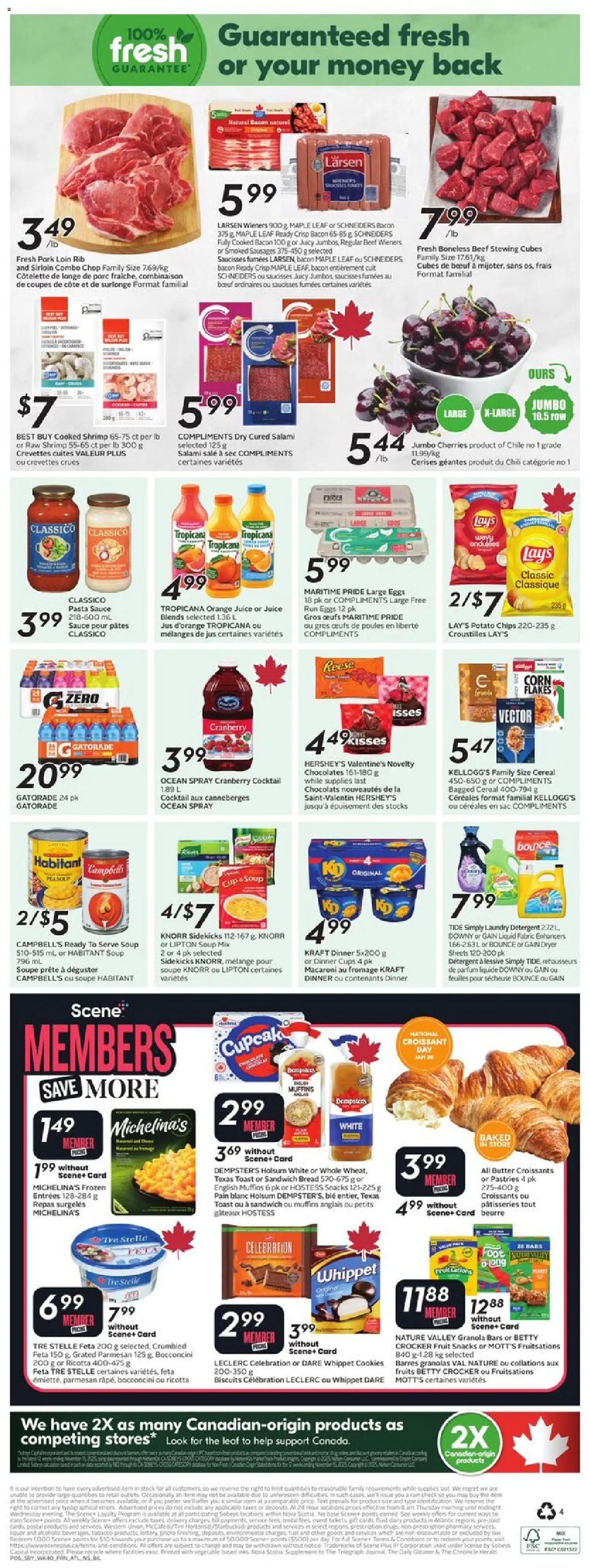 Sobeys flyer valid from 29.01.2026 | Page: 4 | Products: Pasta, Bread, Juice, Pork