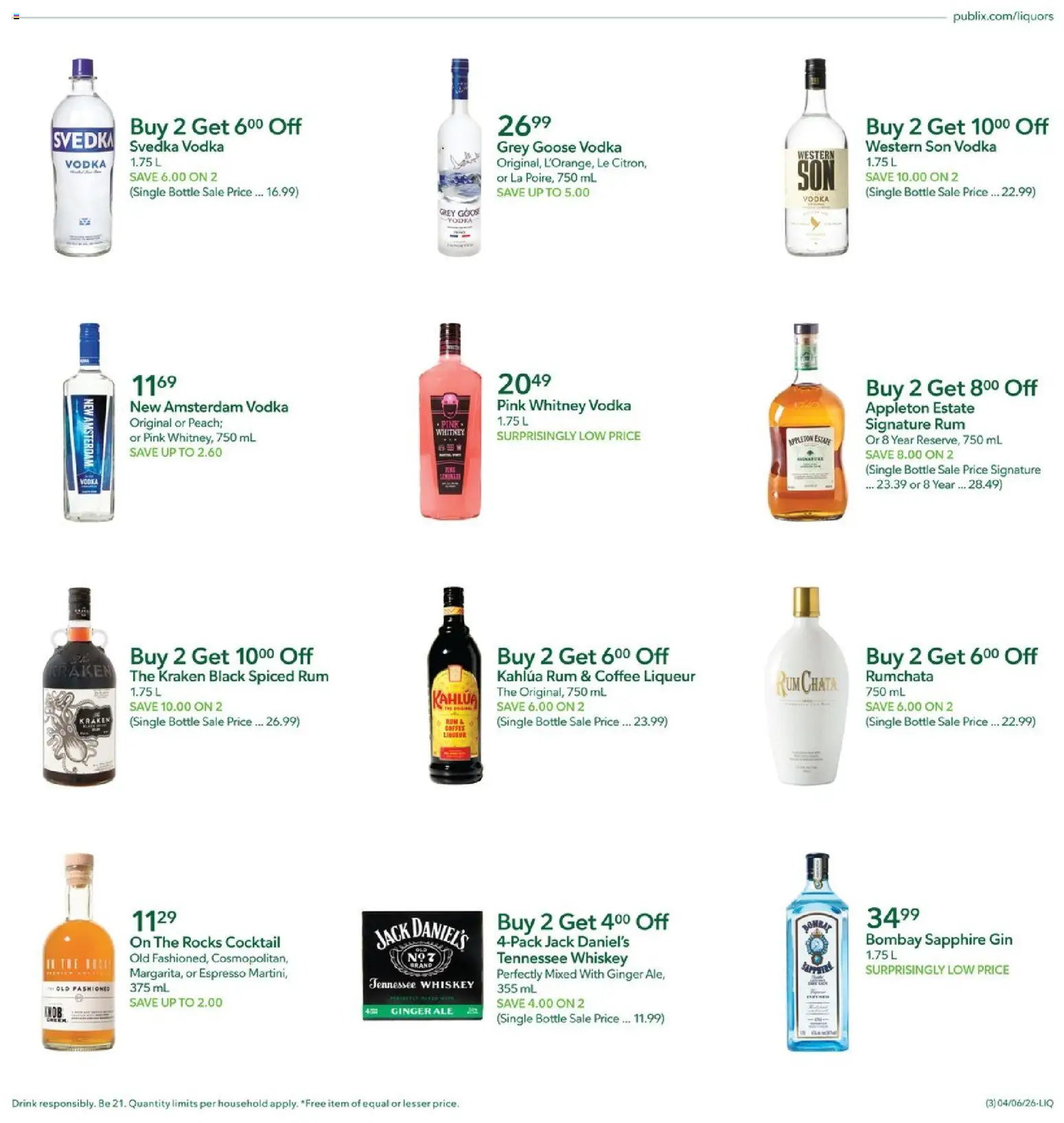 Publix Liquor Ad - valid from 06.04.2026 | Page: 3 | Products: Ginger, Coffee, Gin, Whiskey
