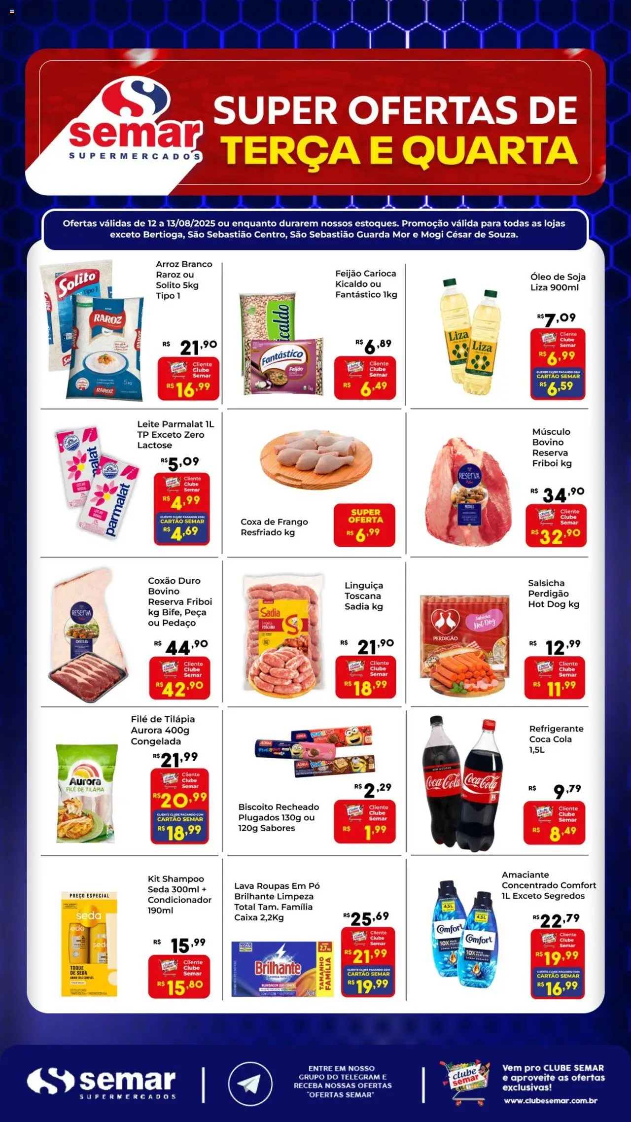 Semar Supermercado Folheto - válido de 12.08.2025 | Página: 1 | Produtos: Leite, Refrigerante, Filé de tilápia, Amaciante