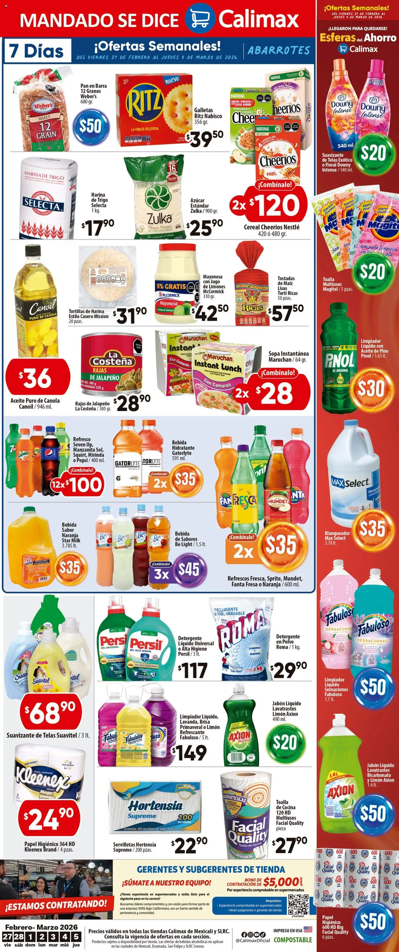 Nuevas ofertas de Calimax válidas en toda la República Mexicana desde el 27.02.2026. ¡Encuentra las mejores ofertas en Calimax folleto Mexicali y SLRC.! | Página: 6 | Productos: Sopa, Galletas, Limpiador, Servilletas