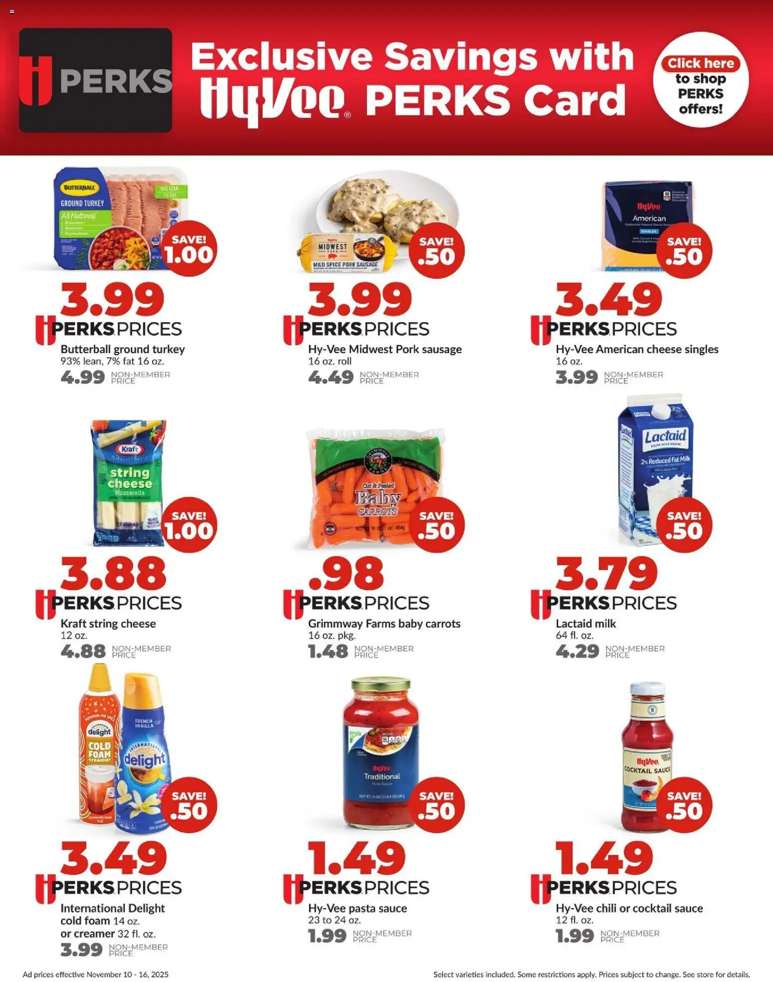 HyVee Weekly Ad - valid from 10.11.2025 | Page: 11 | Products: Milk, Cheese, Pasta, Sausage