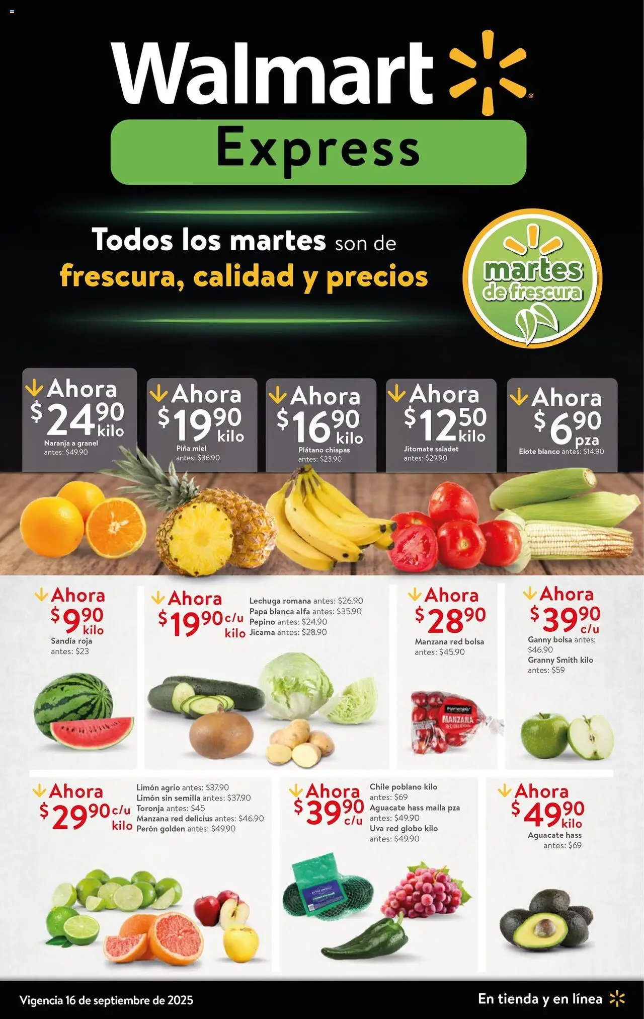Nuevas ofertas de Walmart Express válidas en toda la República Mexicana desde el 16.09.2025. ¡Encuentra las mejores ofertas en Walmart Express - Folleto Precios Bajos! | Página: 1 | Productos: Papa, Sandía, Uva, Piña