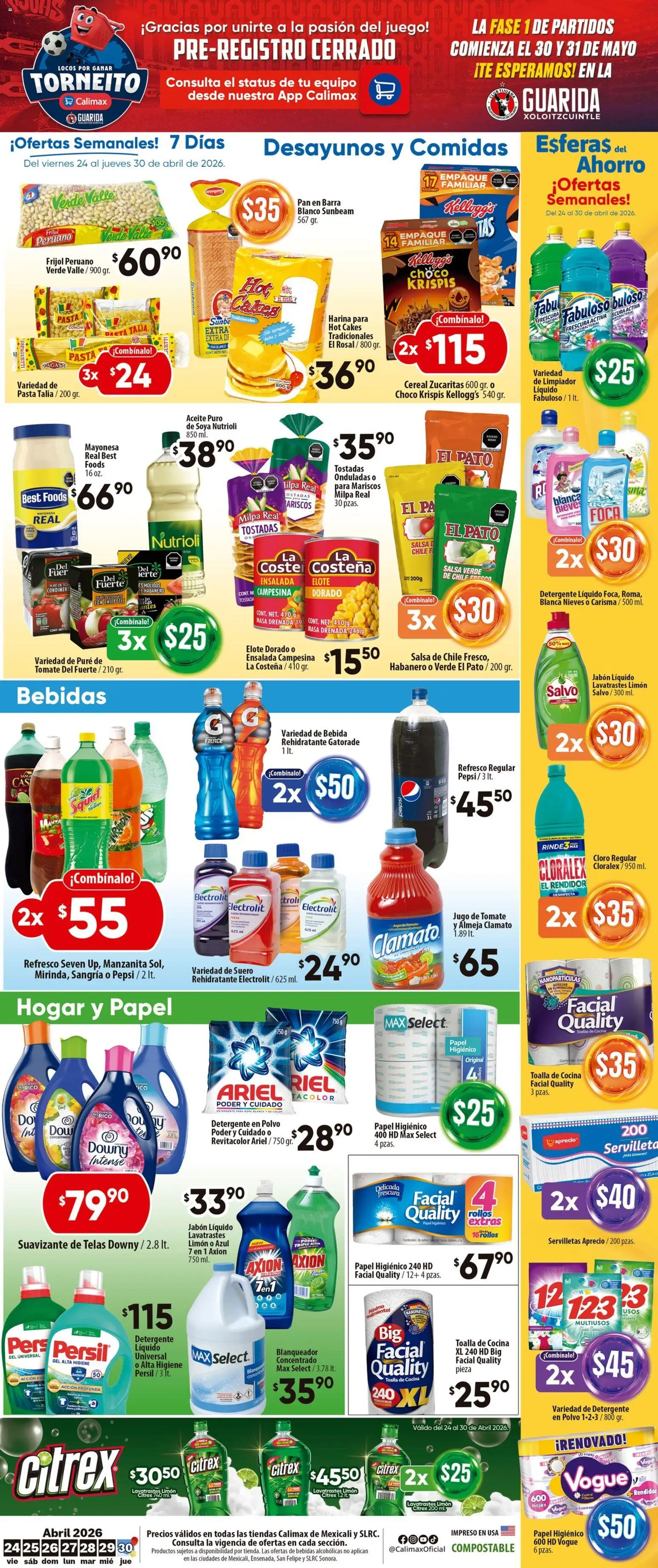 Nuevas ofertas de Calimax válidas en toda la República Mexicana desde el 24.04.2026. ¡Encuentra las mejores ofertas en Calimax folleto Mexicali y SLRC! | Página: 6 | Productos: Detergente, Papel higiénico, Ropa, Barra