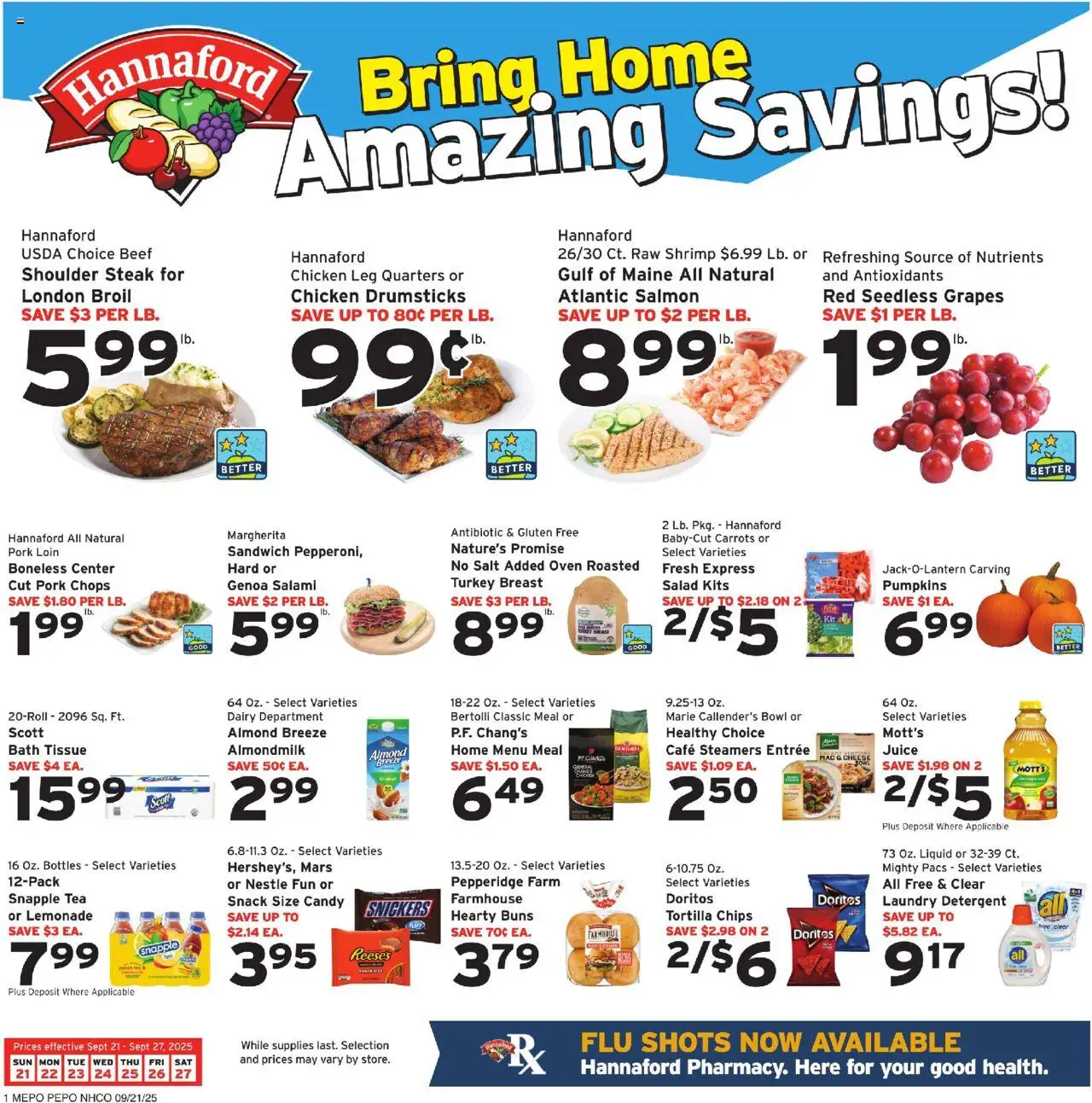 Hannaford Weekly Ad - valid from 21.09.2025 | Page: 1 | Products: Bath, Salami, Detergent, Salt