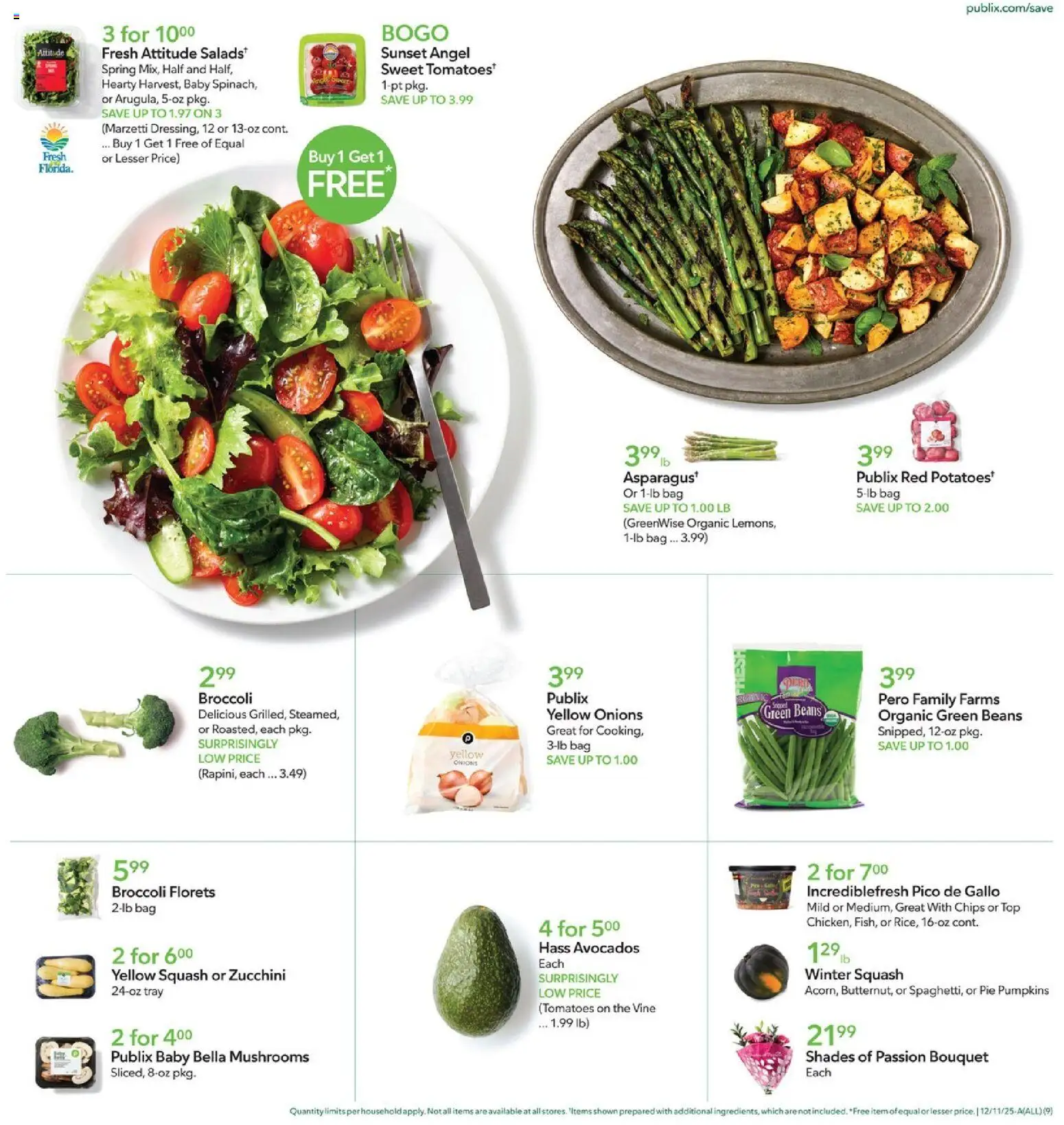 Publix Weekly Ad - valid from 10.12.2025 | Page: 9 | Products: Broccoli, Mushrooms, Tomatoes, Bag