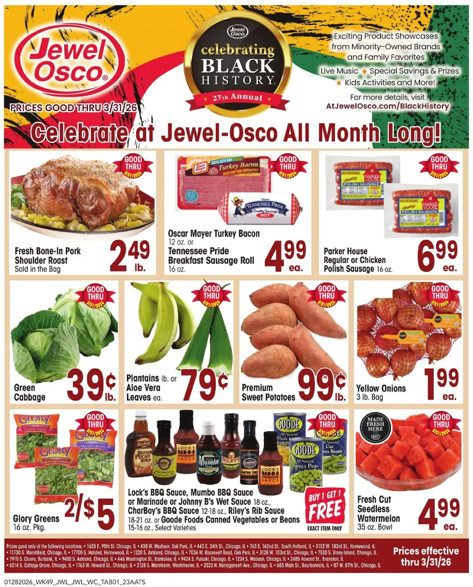 Jewel Osco Ad - valid from 28.01.2026 | Page: 1 | Products: Bourbon, Sauce, Sausage, Watermelon