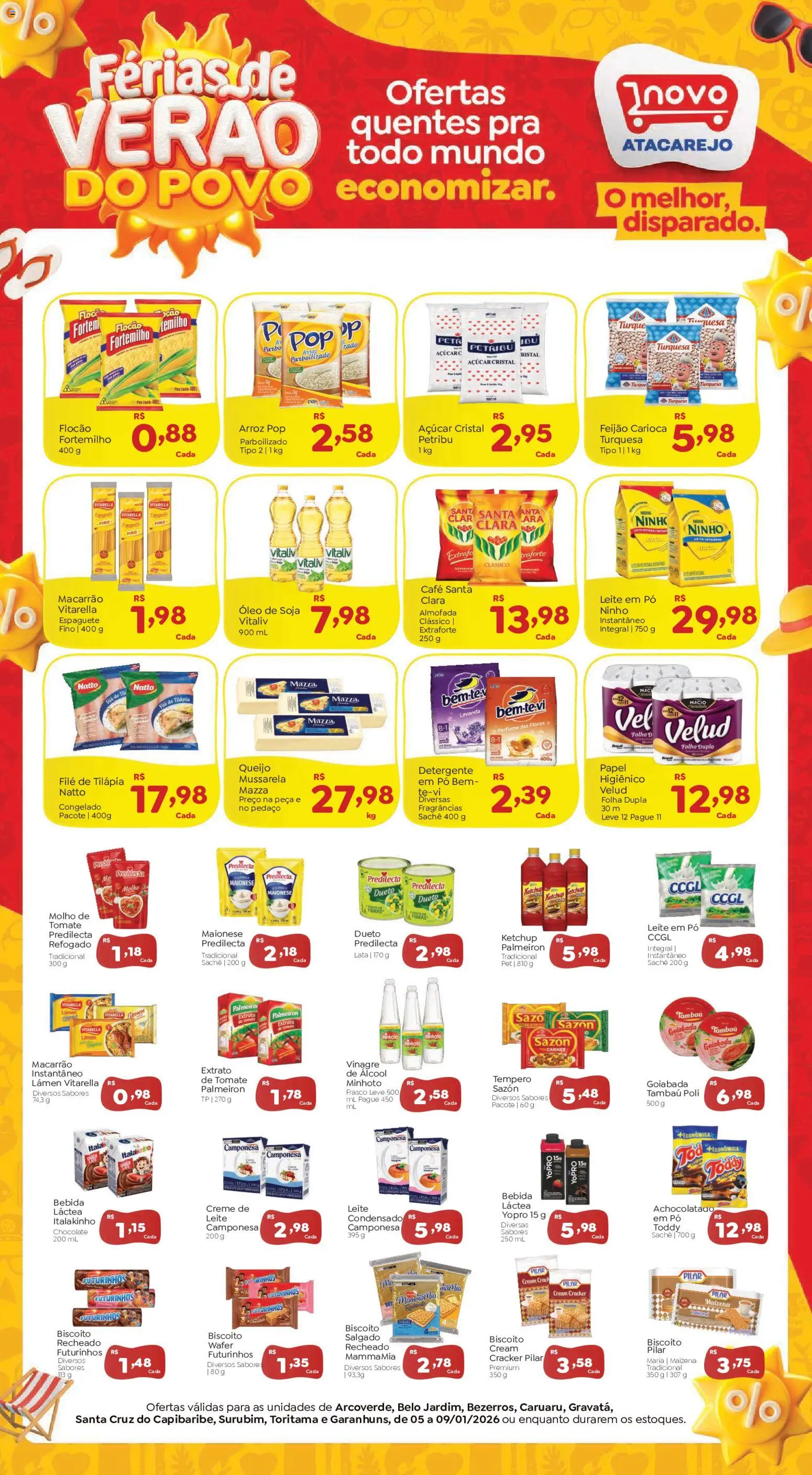 Novo Atacarejo Folheto - válido de 05.01.2026 | Página: 1 | Produtos: Feijão, Cream cracker, Biscoito recheado, Soja