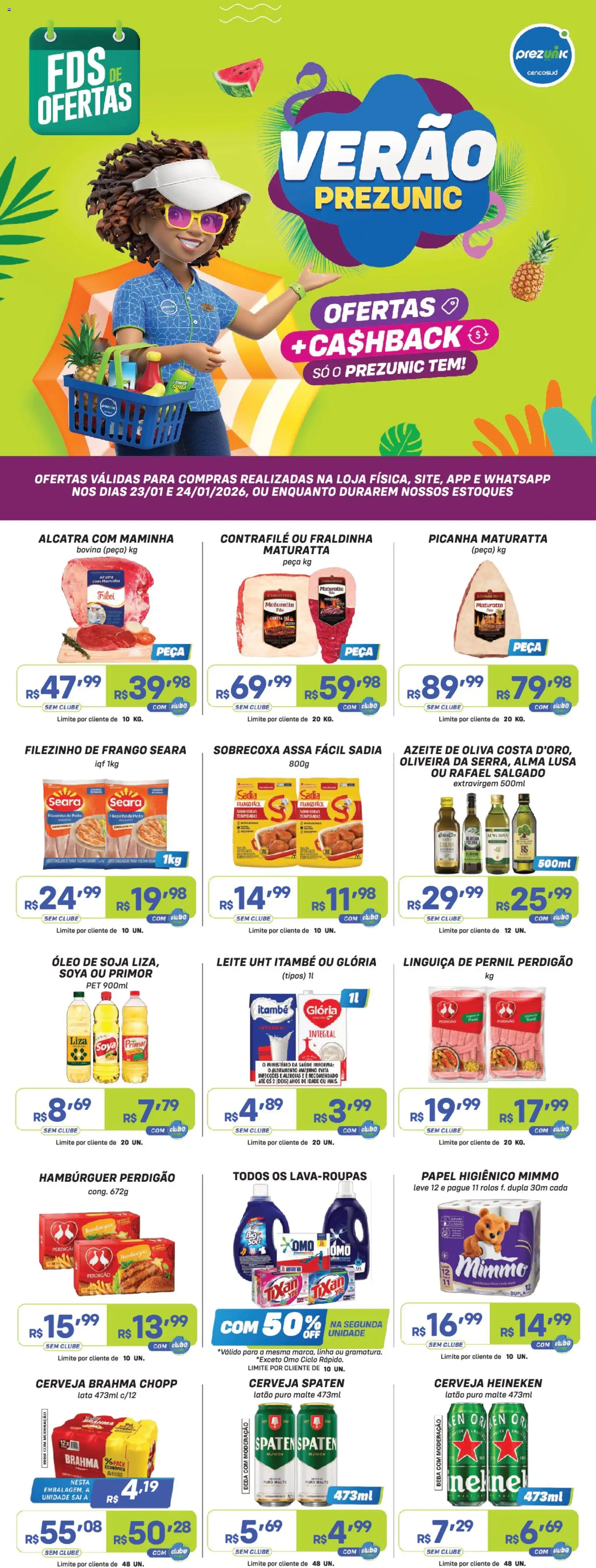 Prezunic Folheto - válido de 23.01.2026 | Página: 1 | Produtos: Fraldinha, Picanha, Cerveja, Azeite