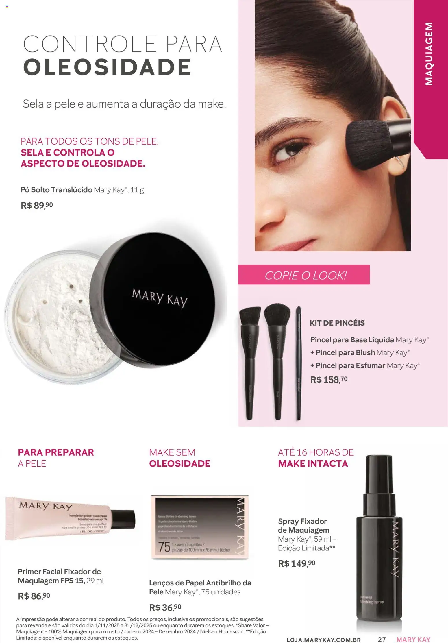 Mary Kay Folheto - válido de 01.11.2025 | Página: 27 | Produtos: Spray fixador, Pó, Blush, Pincel