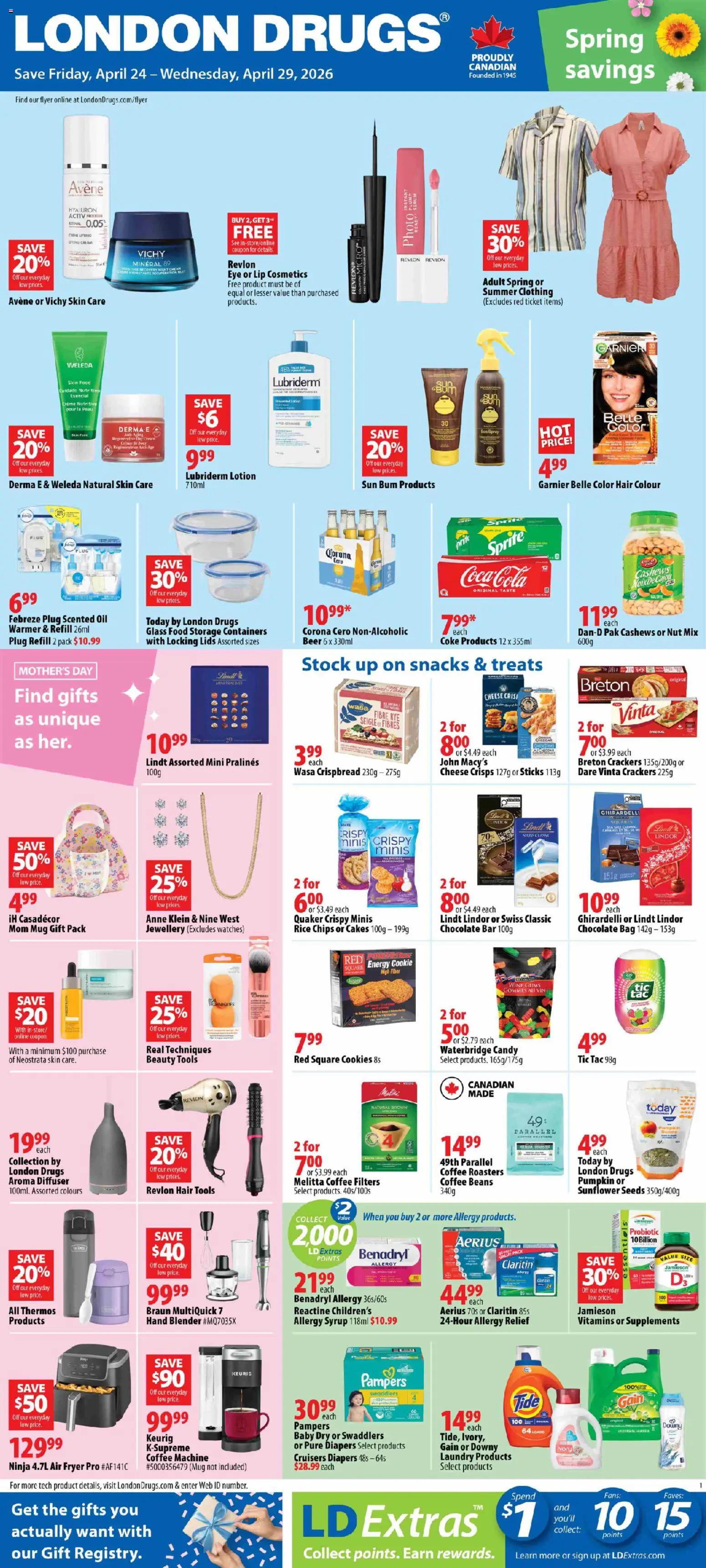 London Drugs flyer valid from 24.04.2026 | Page: 1 | Products: Rice, Chips, Cheese, Coffee