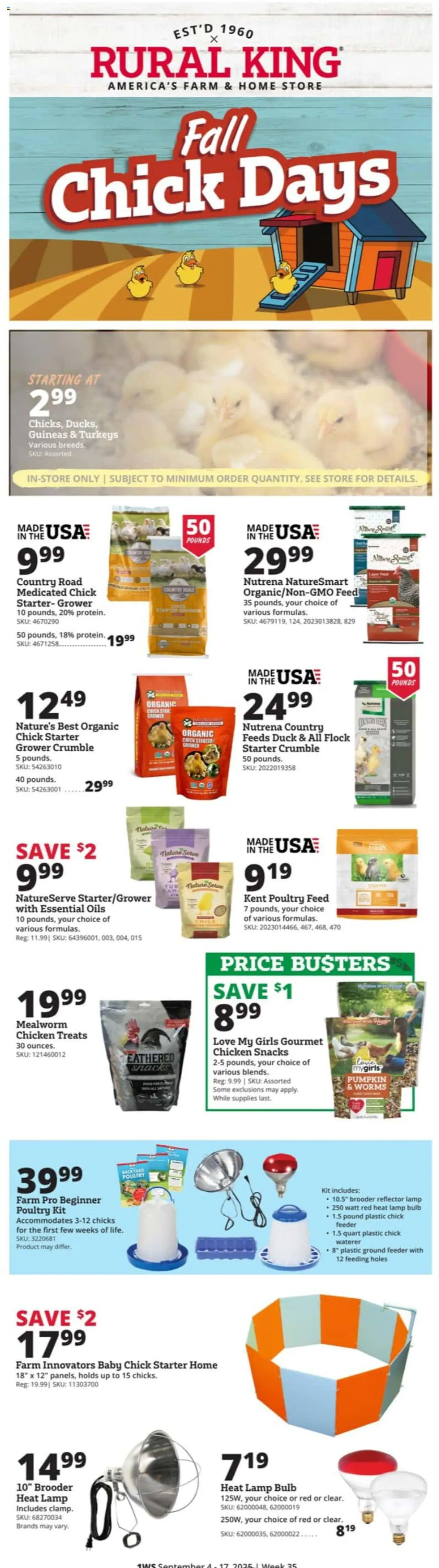 Rural King Weekly Ad - valid from 04.09.2025 | Page: 1 | Products: Lamp, Starter, Pumpkin, Poultry