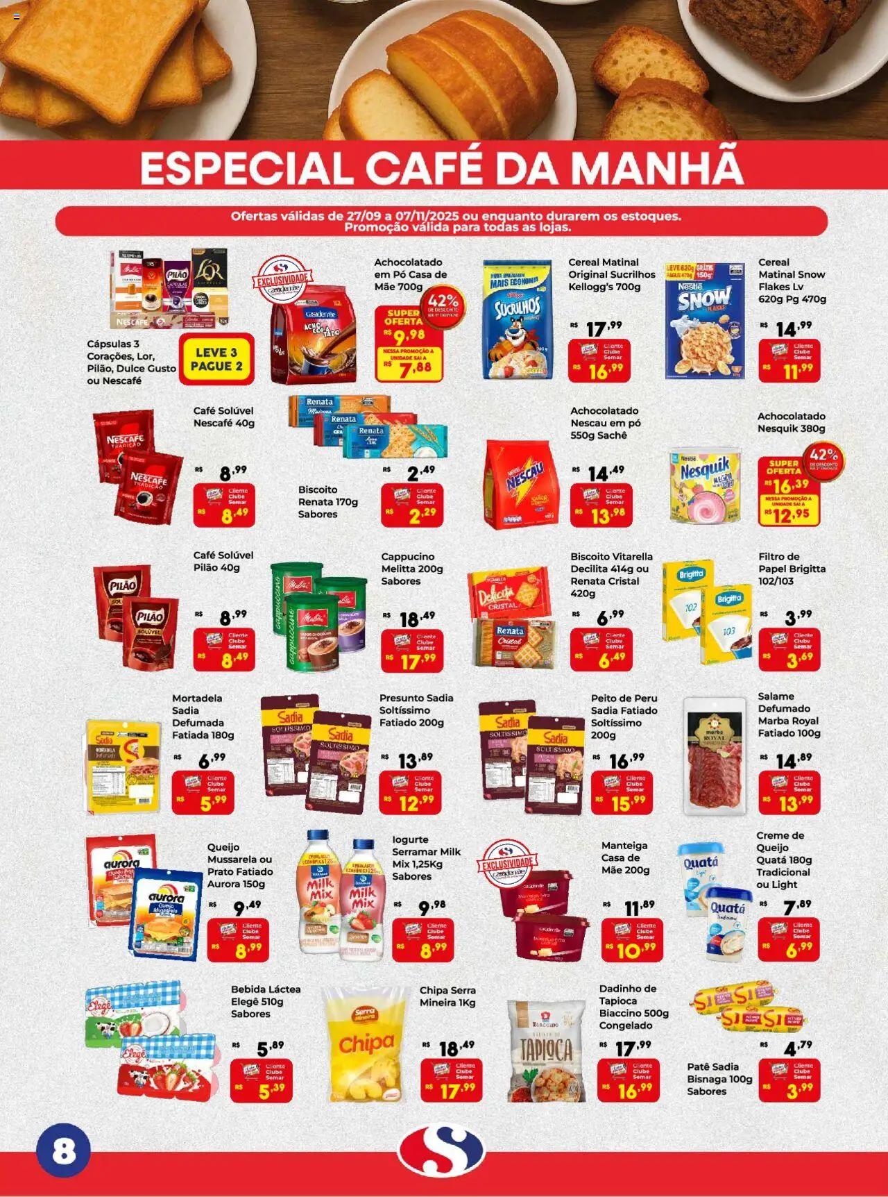 Semar Supermercado Folheto - válido de 27.09.2025 | Página: 8 | Produtos: Pó, Manteiga, Mortadela, Café solúvel