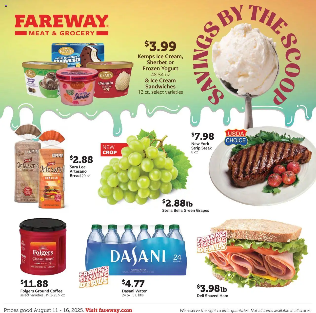 Fareway Weekly Ad - valid from 11.08.2025 | Page: 1 | Products: Coffee, Ham, Ice cream, Water