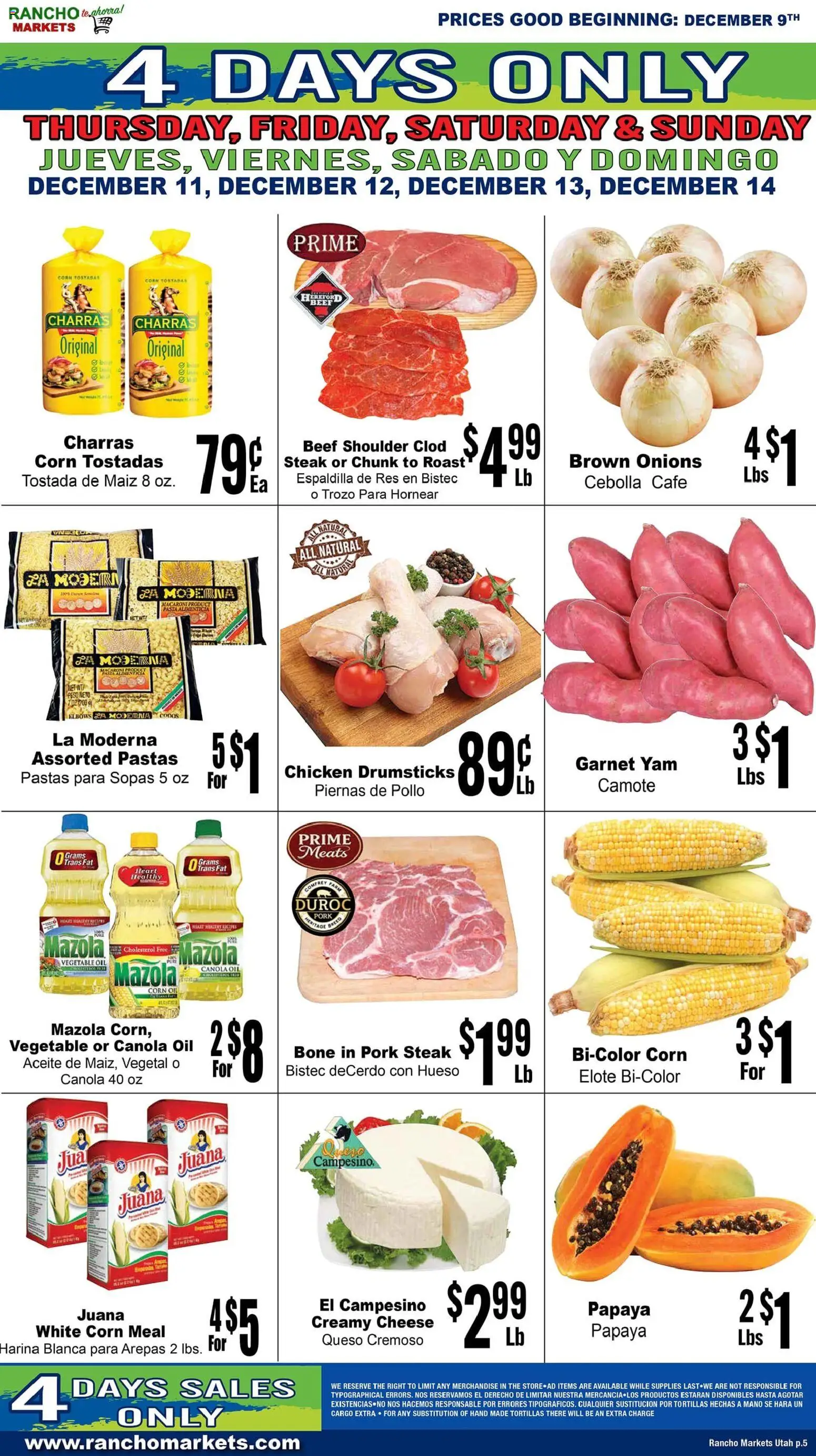 Rancho Markets Weekly Ad - valid from 09.12.2025 | Page: 5 | Products: Corn, Cheese, Beef, Pasta