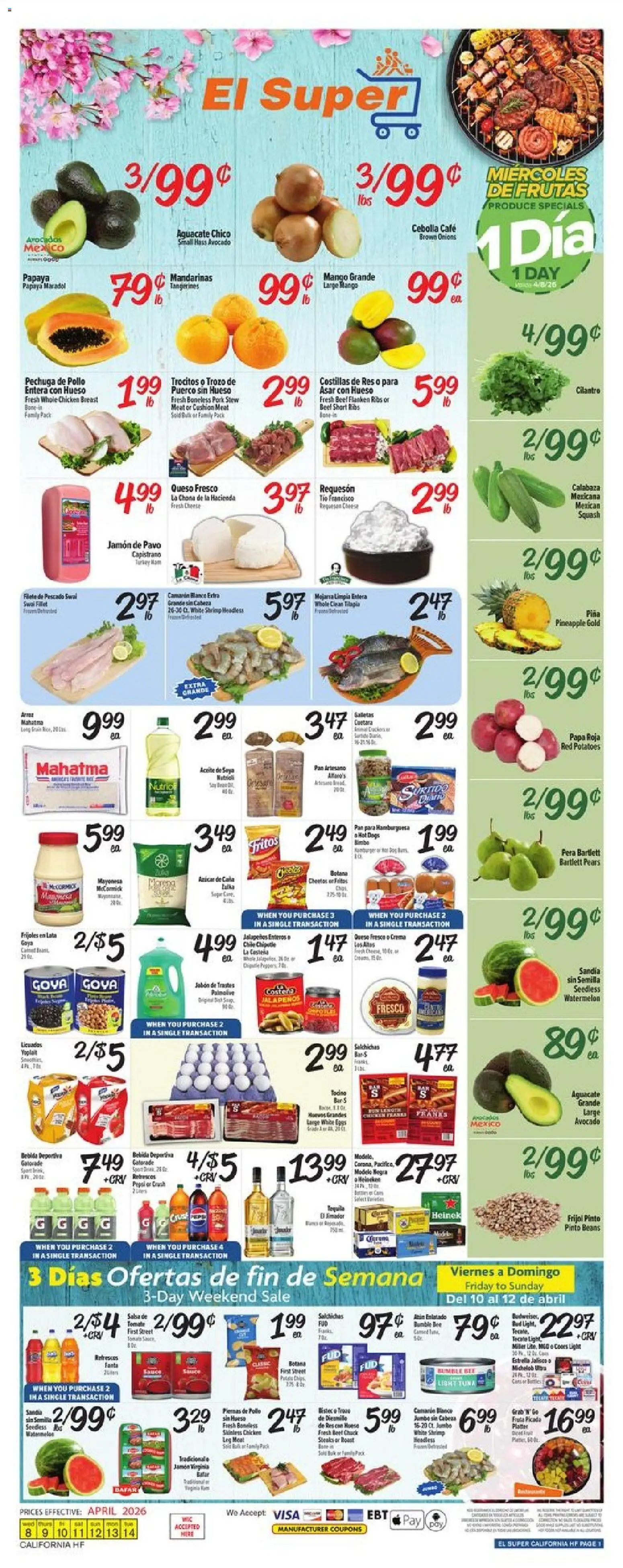 El Super Weekly Ad - CA - valid from 08.04.2026 | Page: 1 | Products: Squash, Pan, Ham, Pork