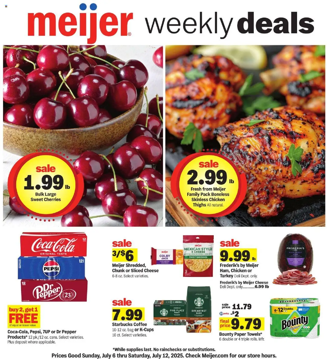 Meijer Weekly Ad - valid from 06.07.2025 | Page: 1 | Products: Cherries, Cheese, Coffee, Bag