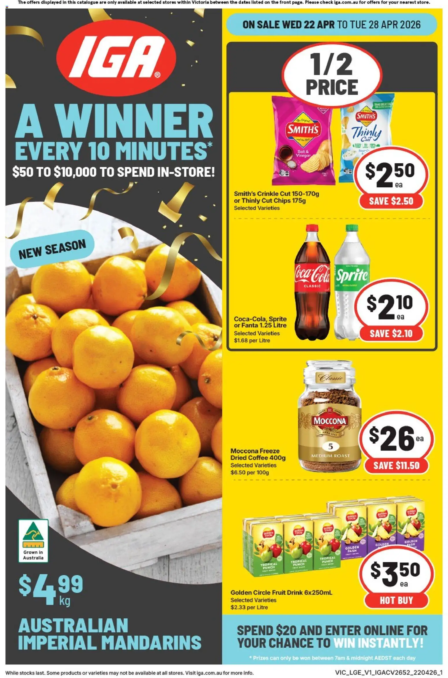 IGA catalogue - valid from 22.04.2026 | Page: 1 | Products: Coffee, Chips, Mandarins, Salt