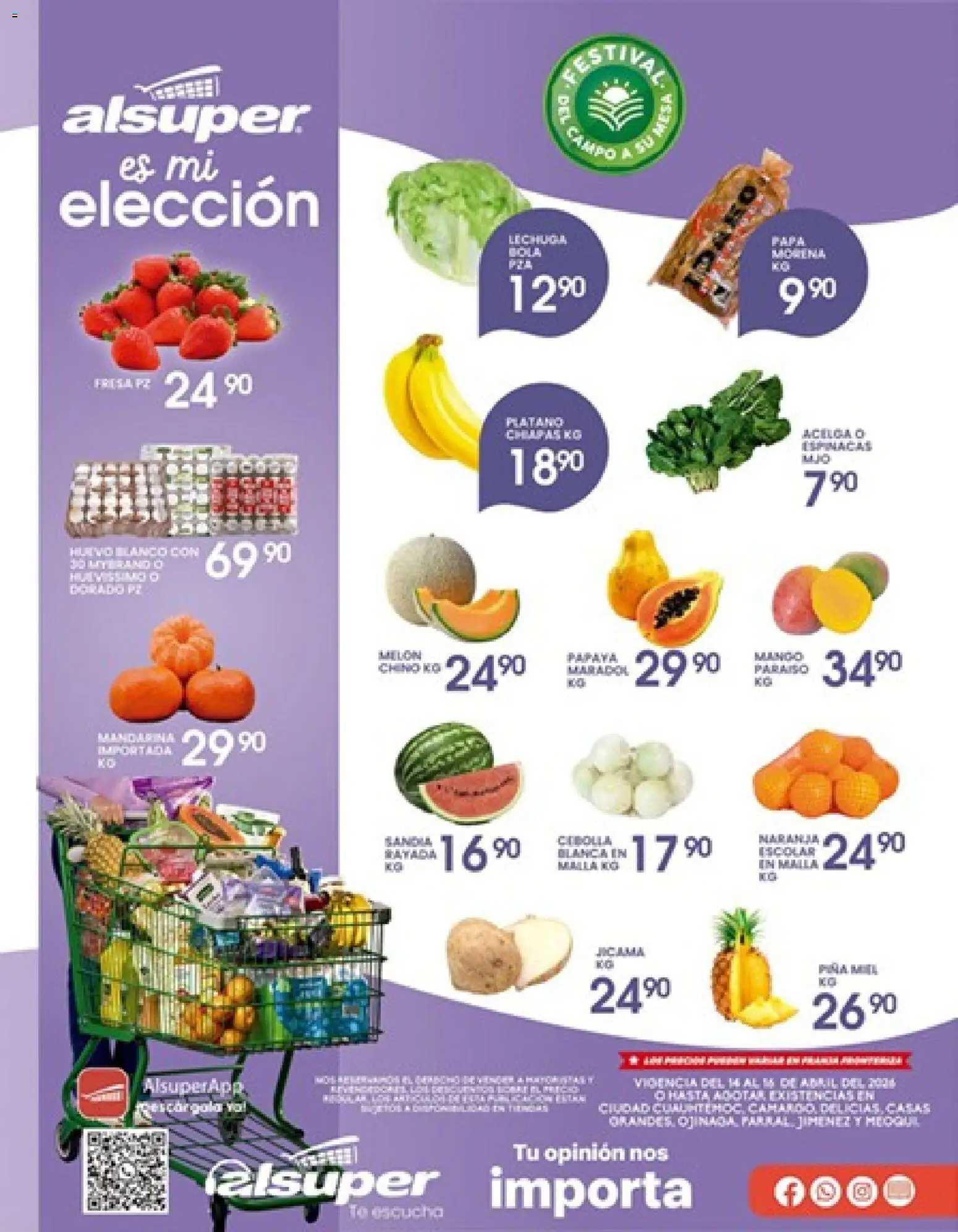 Nuevas ofertas de Alsuper válidas en toda la República Mexicana desde el 14.04.2026. ¡Encuentra las mejores ofertas en Alsuper folleto Casas Grandes! | Página: 1 | Productos: Acelga, Papa, Melón, Huevo
