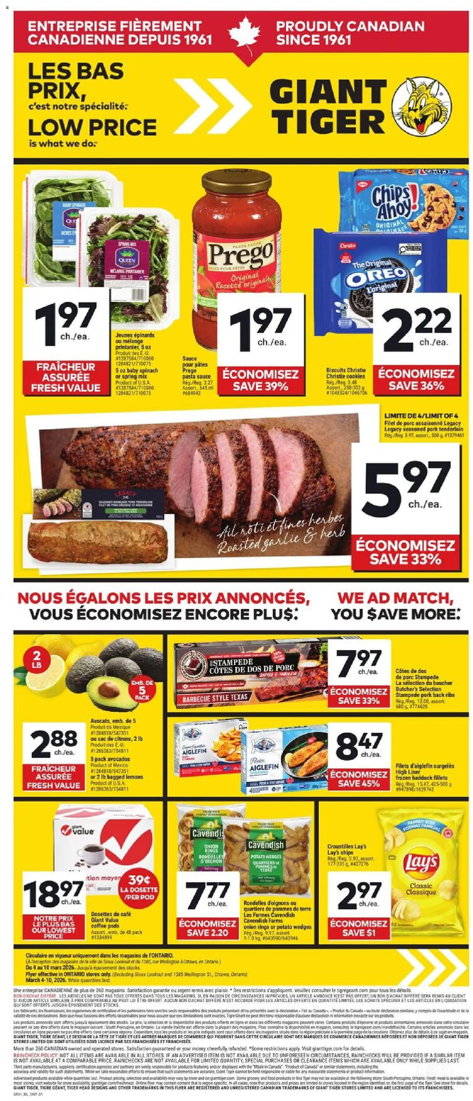 Giant Tiger flyer valid from 04.03.2026 | Page: 1 | Products: Pasta, Cookies, Coffee, Pork