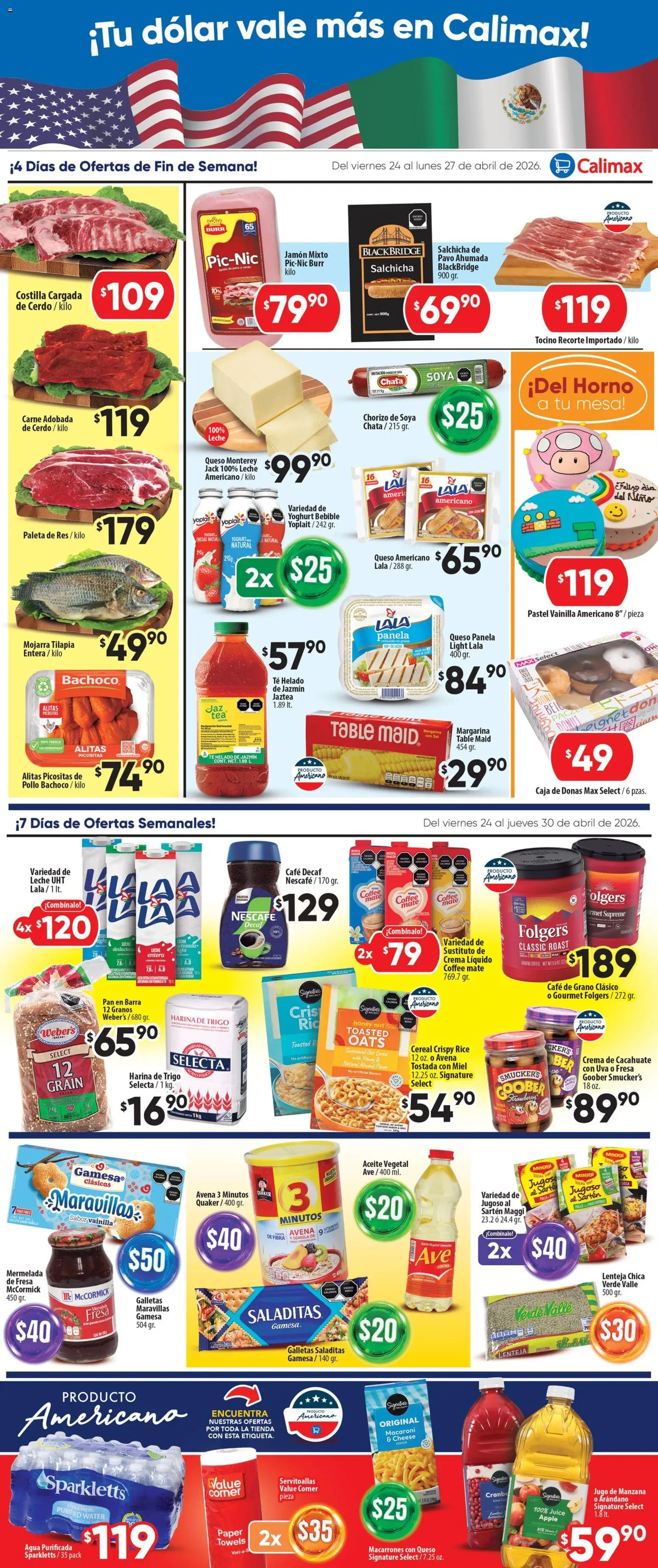 Nuevas ofertas de Calimax válidas en toda la República Mexicana desde el 24.04.2026. ¡Encuentra las mejores ofertas en Calimax folleto Mexicali y SLRC! | Página: 2 | Productos: Agua, Cerdo, Margarina, Helado