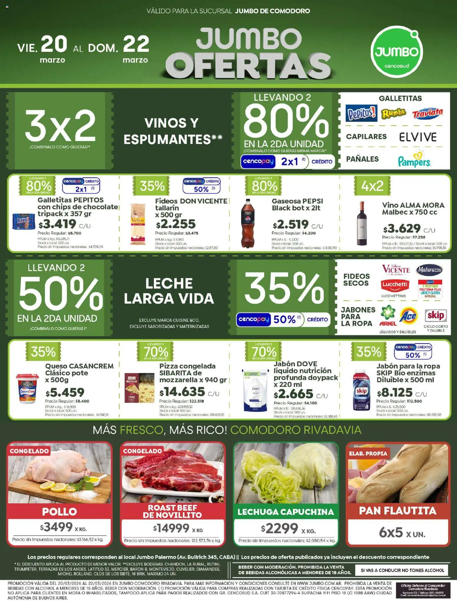 Jumbo - Ofertas | Comodoro │ válido desde el 20.03.2026 | Página: 1 | Productos: Lechuga, Chocolate, Pizza, Fideos