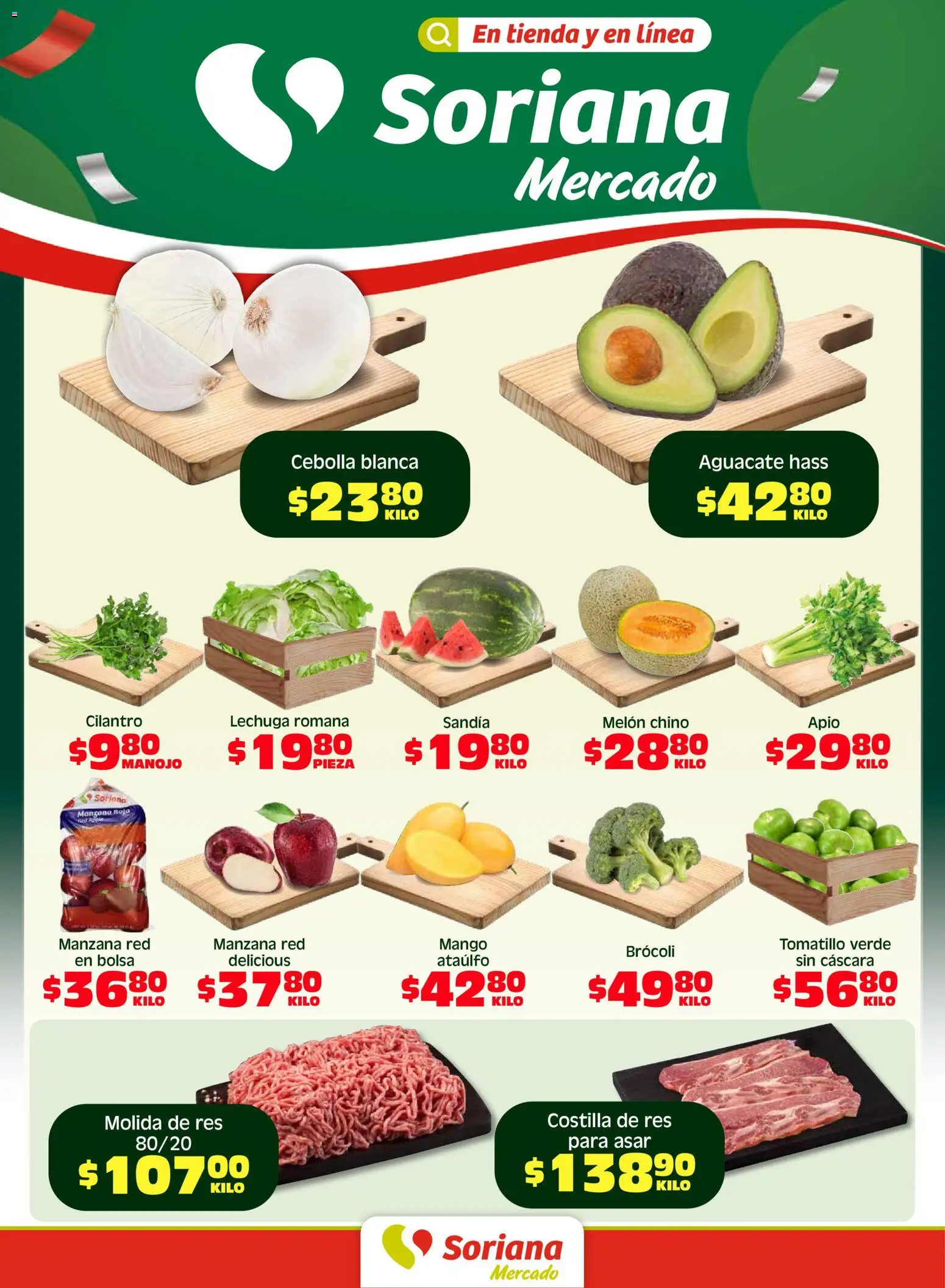 Nuevas ofertas de Soriana válidas en toda la República Mexicana desde el 10.04.2026. ¡Encuentra las mejores ofertas en Soriana Fin de Semana Mercado: Ags, Nay, Jal, Qro, Col, Mich, Gto, Hgo, Tlax, Mor, Pue, Gro, Oax, Edo. de Mex, CDMX, Zac y SLP! | Página: 1 | Productos: Sandía, Manzana, Lechuga, Aguacate