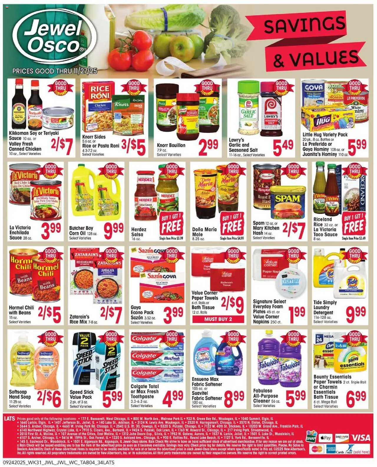 Jewel Osco Savings & Values - valid from 24.09.2025 | Page: 4 | Products: Detergent, Pasta, Sauce, Salt