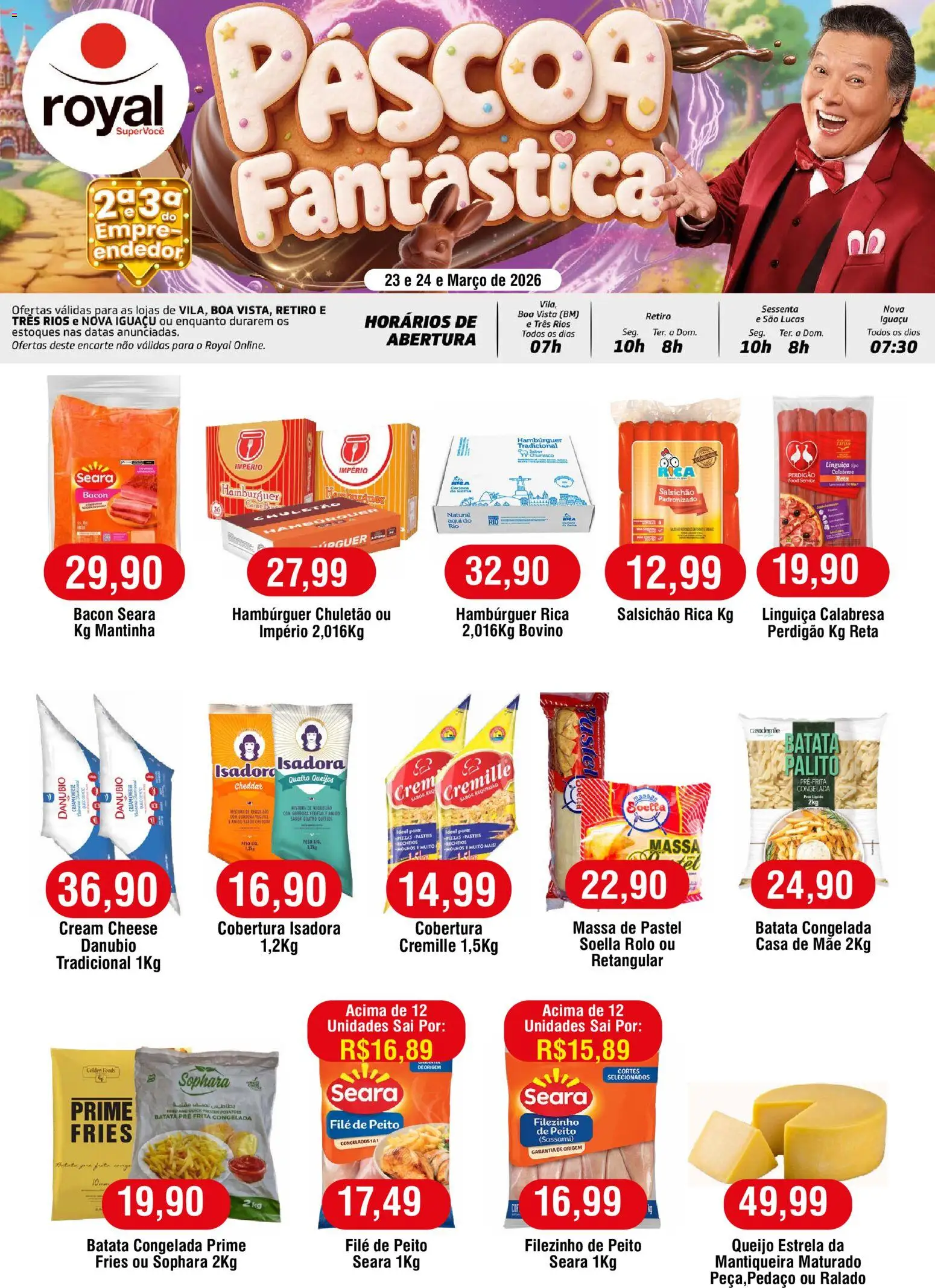 Royal Supermercados Folheto - válido de 23.03.2026 | Página: 1 | Produtos: Linguiça, Cheddar, Hambúrguer, Massa de pastel