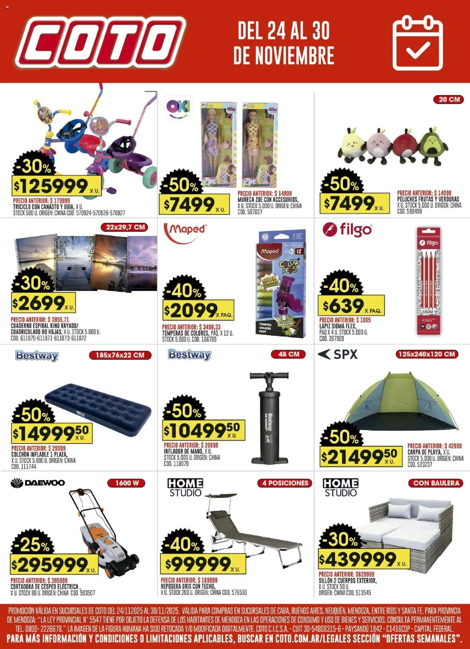Coto - Ofertas Hogar │ válido desde el 24.11.2025 | Página: 1 | Productos: Carpa, Reposera, Inflador, Cuaderno
